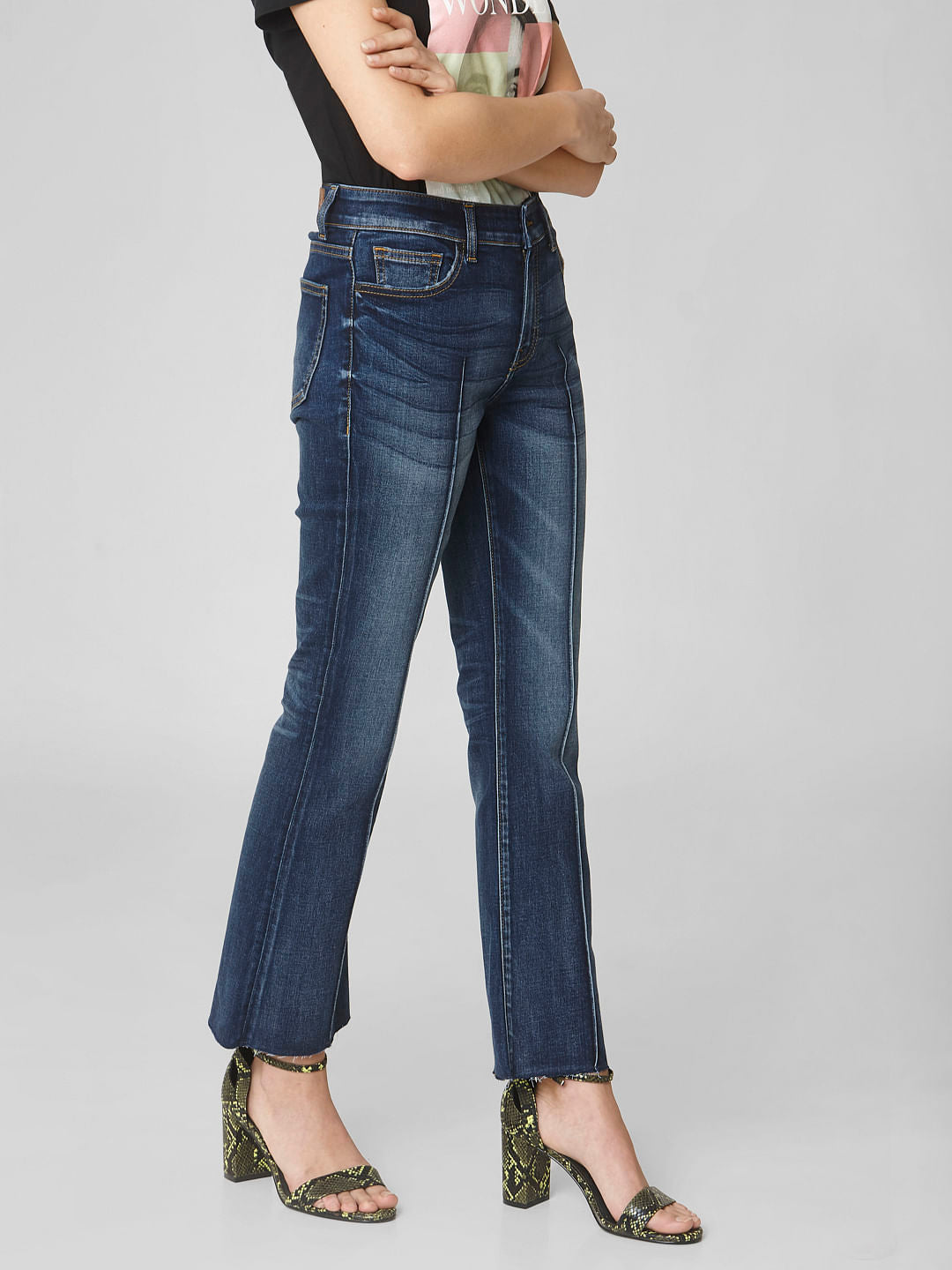 Blue Mid Rise Pin Tuck Boot Cut Jeans
