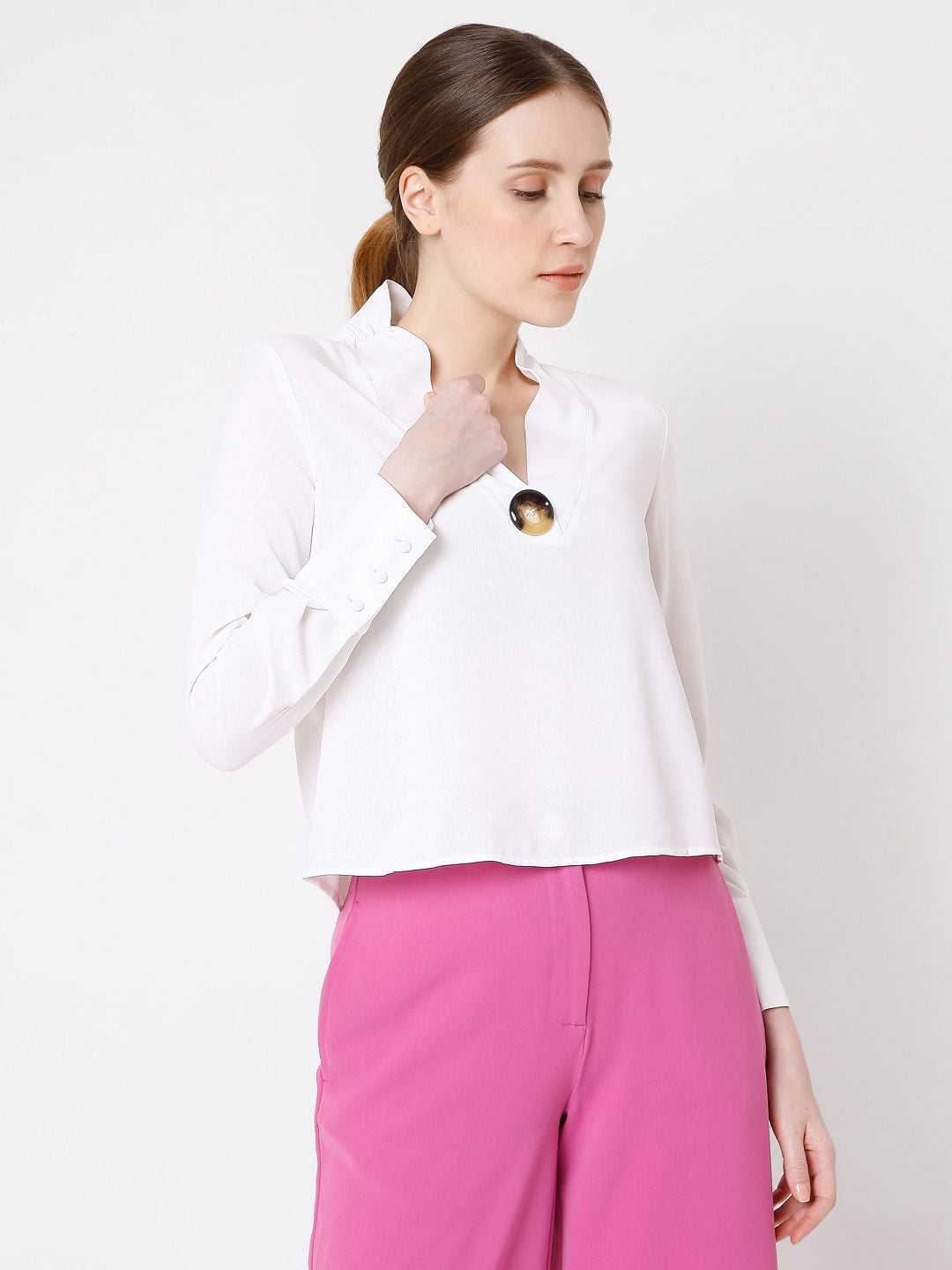 White Button Detail Top
