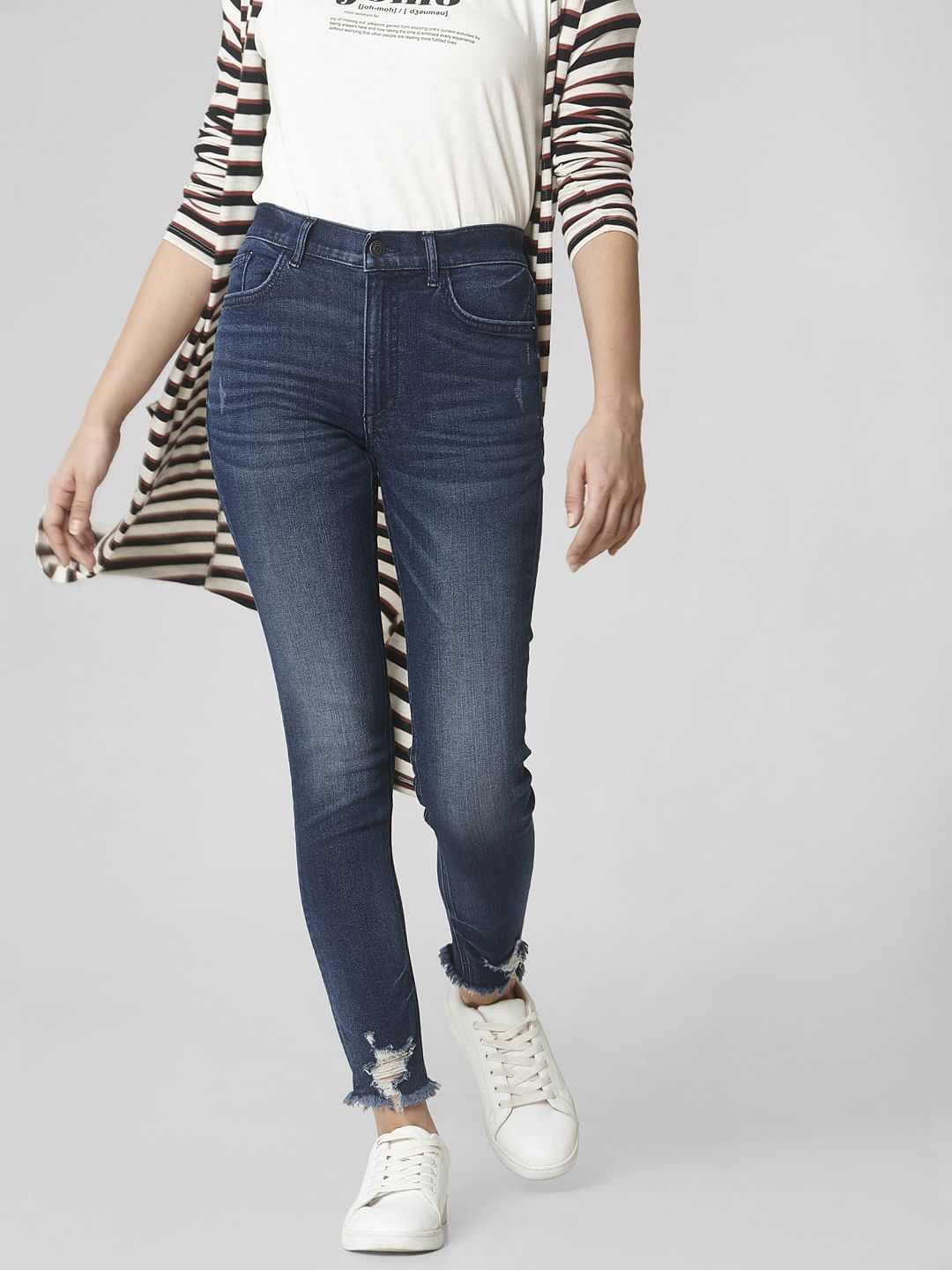 Blue Mid Rise Ripped Skinny Jeans