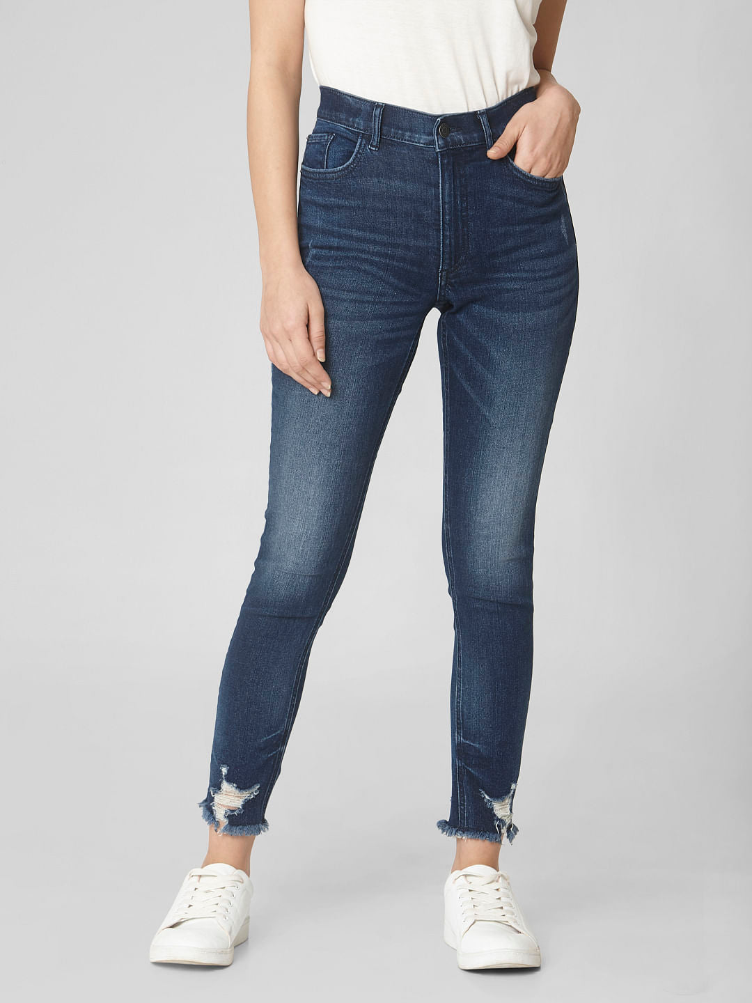 Blue Mid Rise Ripped Skinny Jeans
