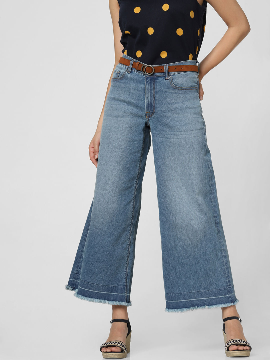 Blue Mid Rise Washed Wide Leg Jeans