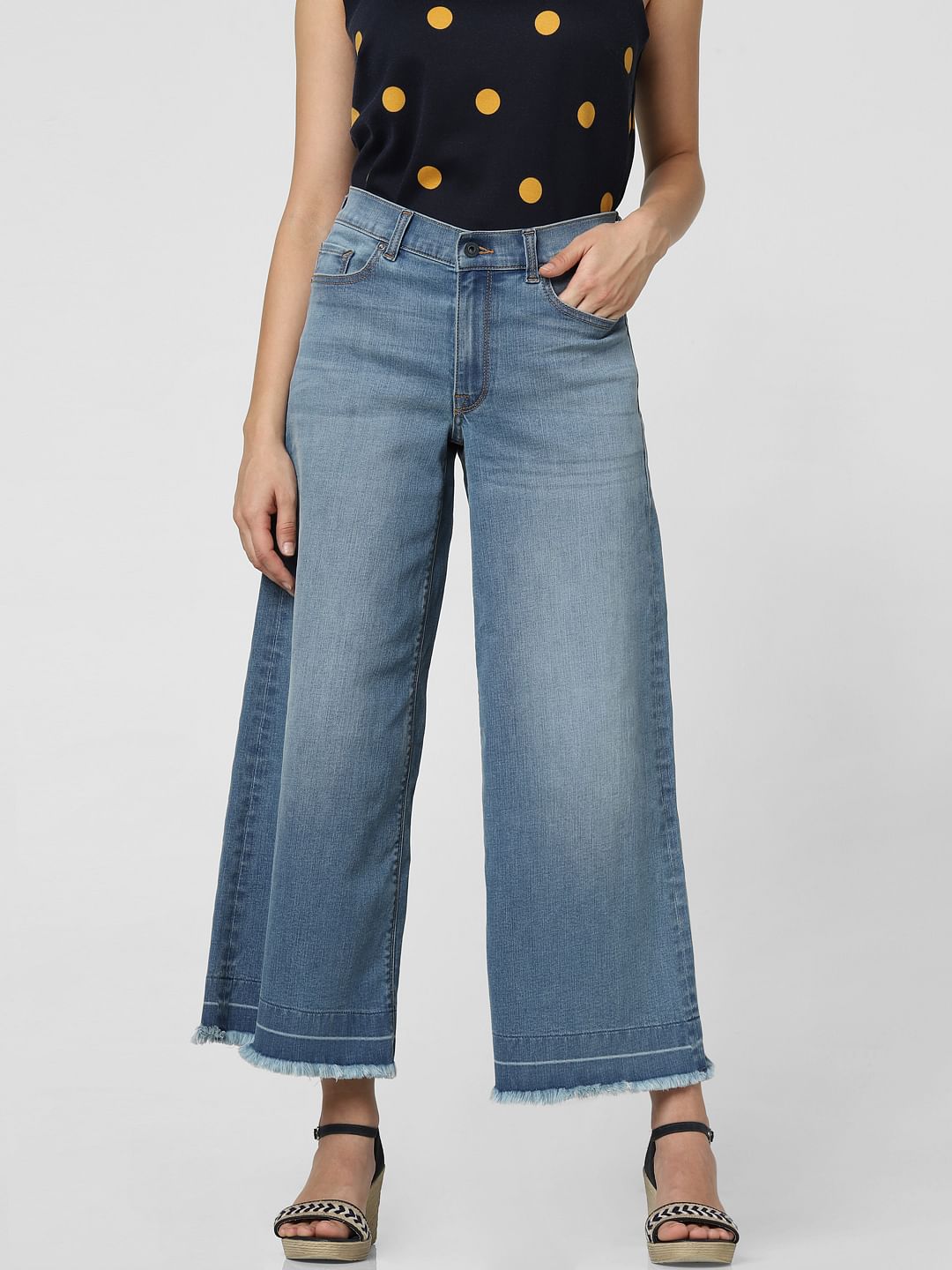 Blue Mid Rise Washed Wide Leg Jeans