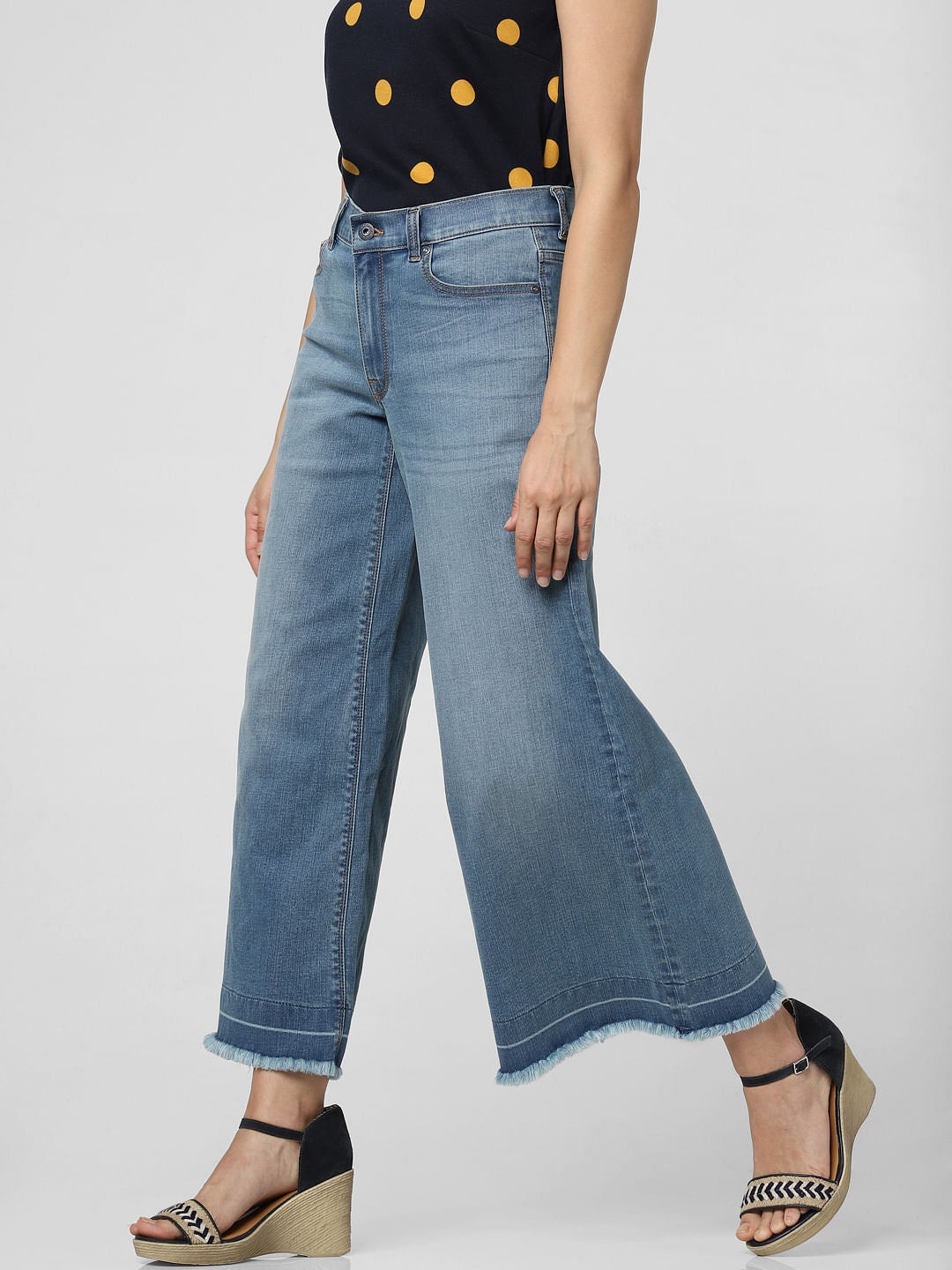 Blue Mid Rise Washed Wide Leg Jeans