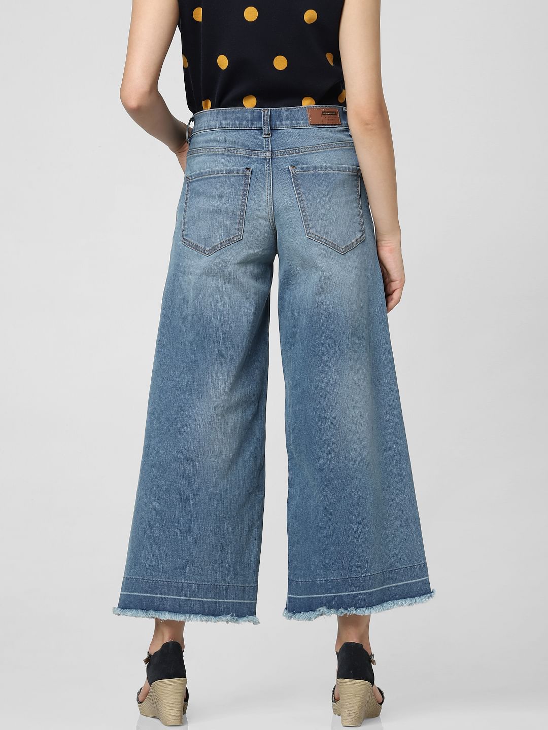 Blue Mid Rise Washed Wide Leg Jeans