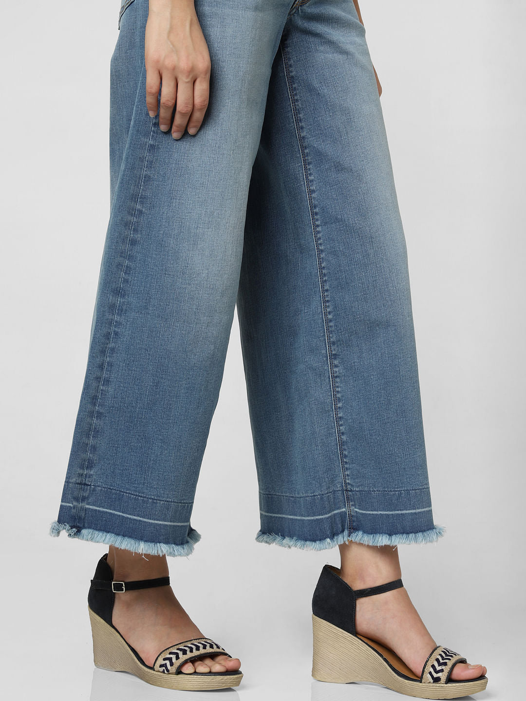 Blue Mid Rise Washed Wide Leg Jeans