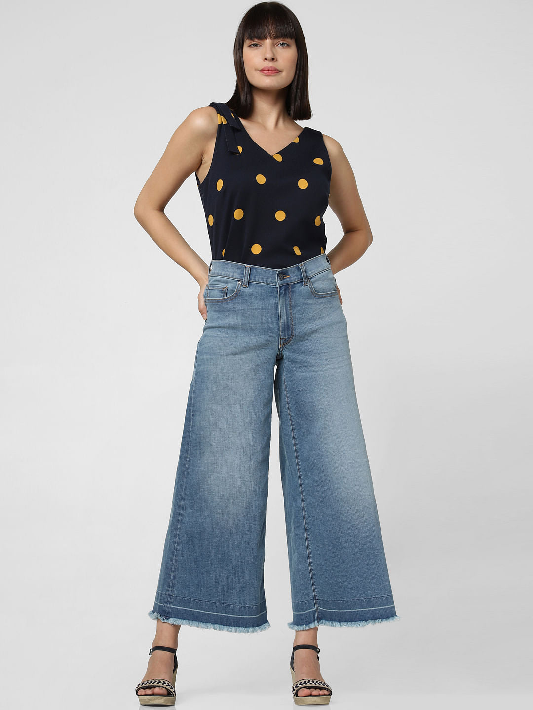 Blue Mid Rise Washed Wide Leg Jeans
