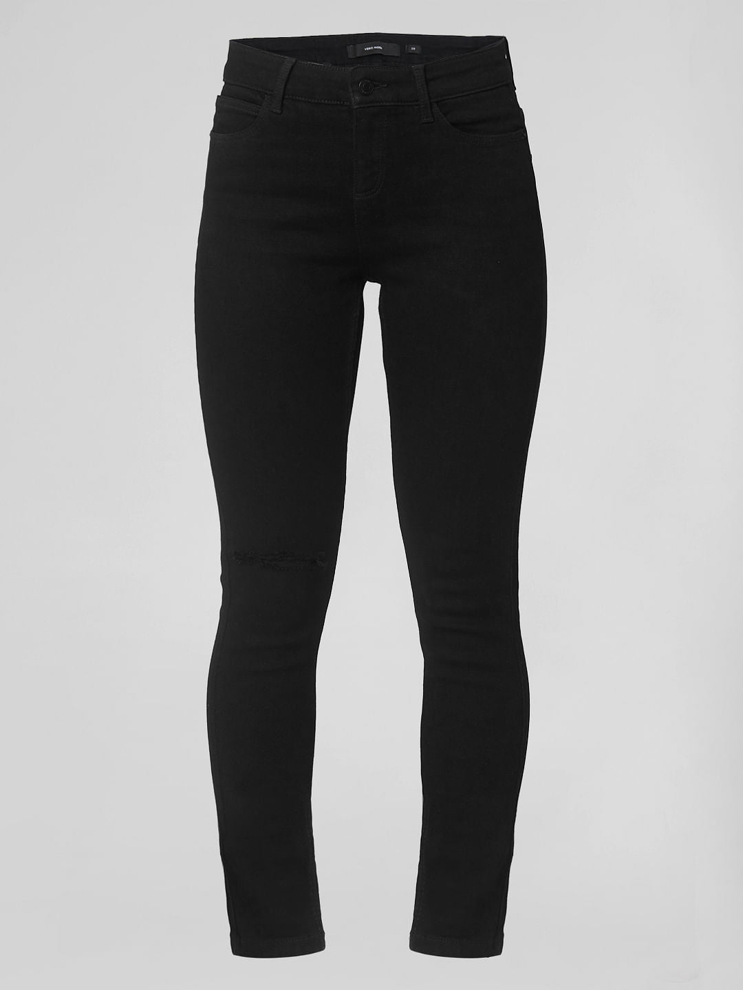 Black Mid Rise Knee Slit Skinny Fit Jeans