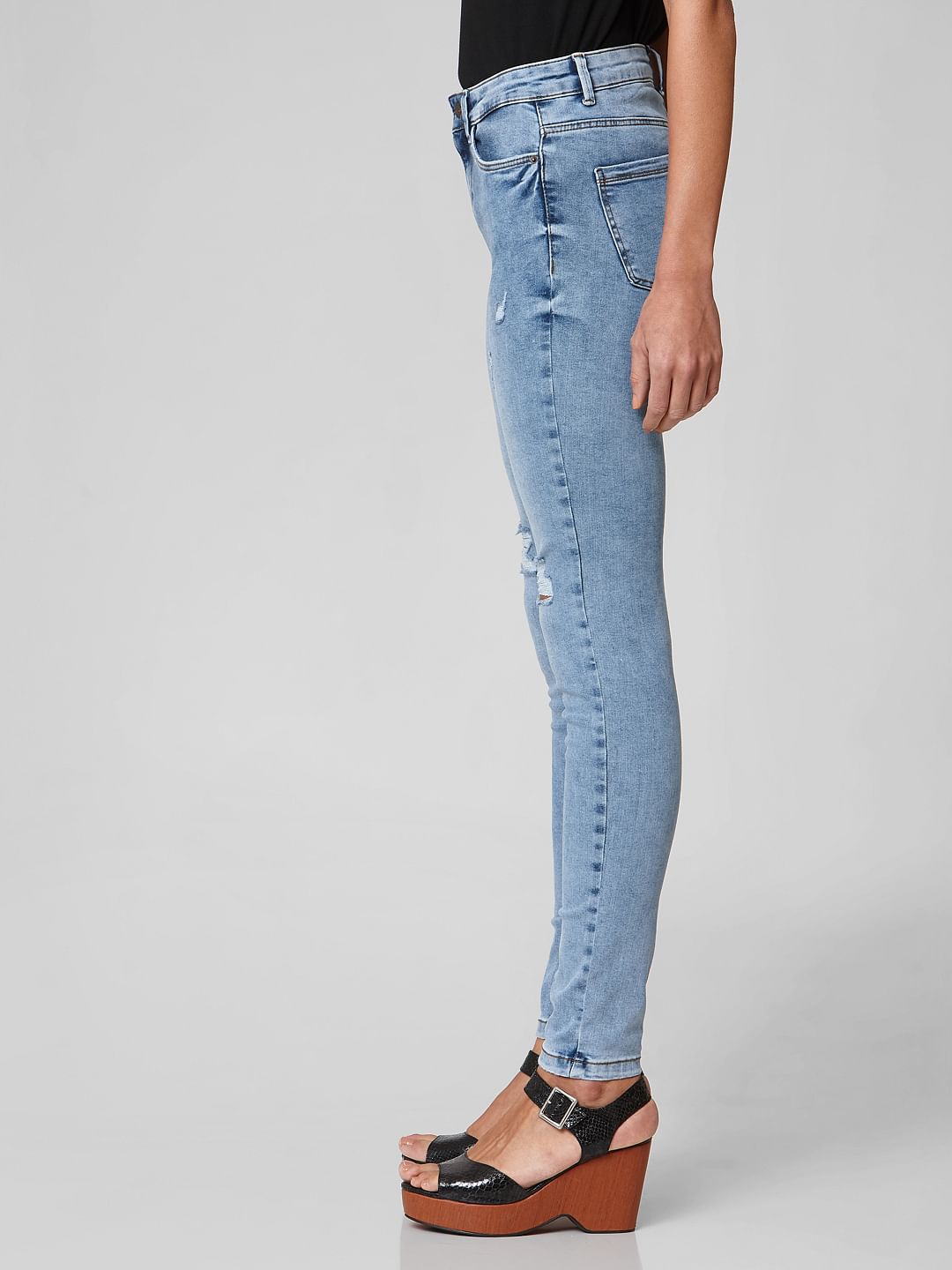 Blue Mid Rise Ripped Skinny Jeans