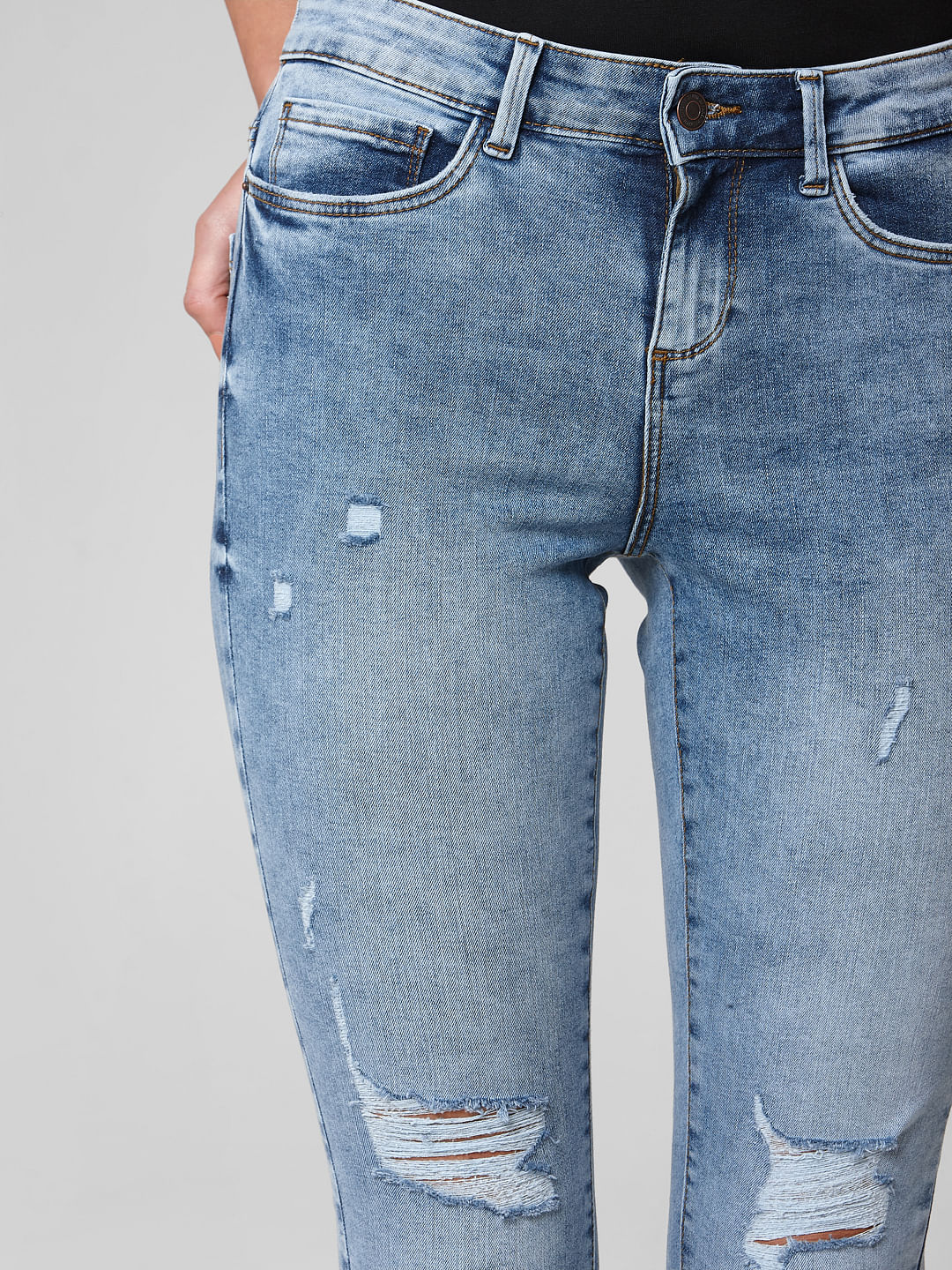 Blue Mid Rise Ripped Skinny Jeans