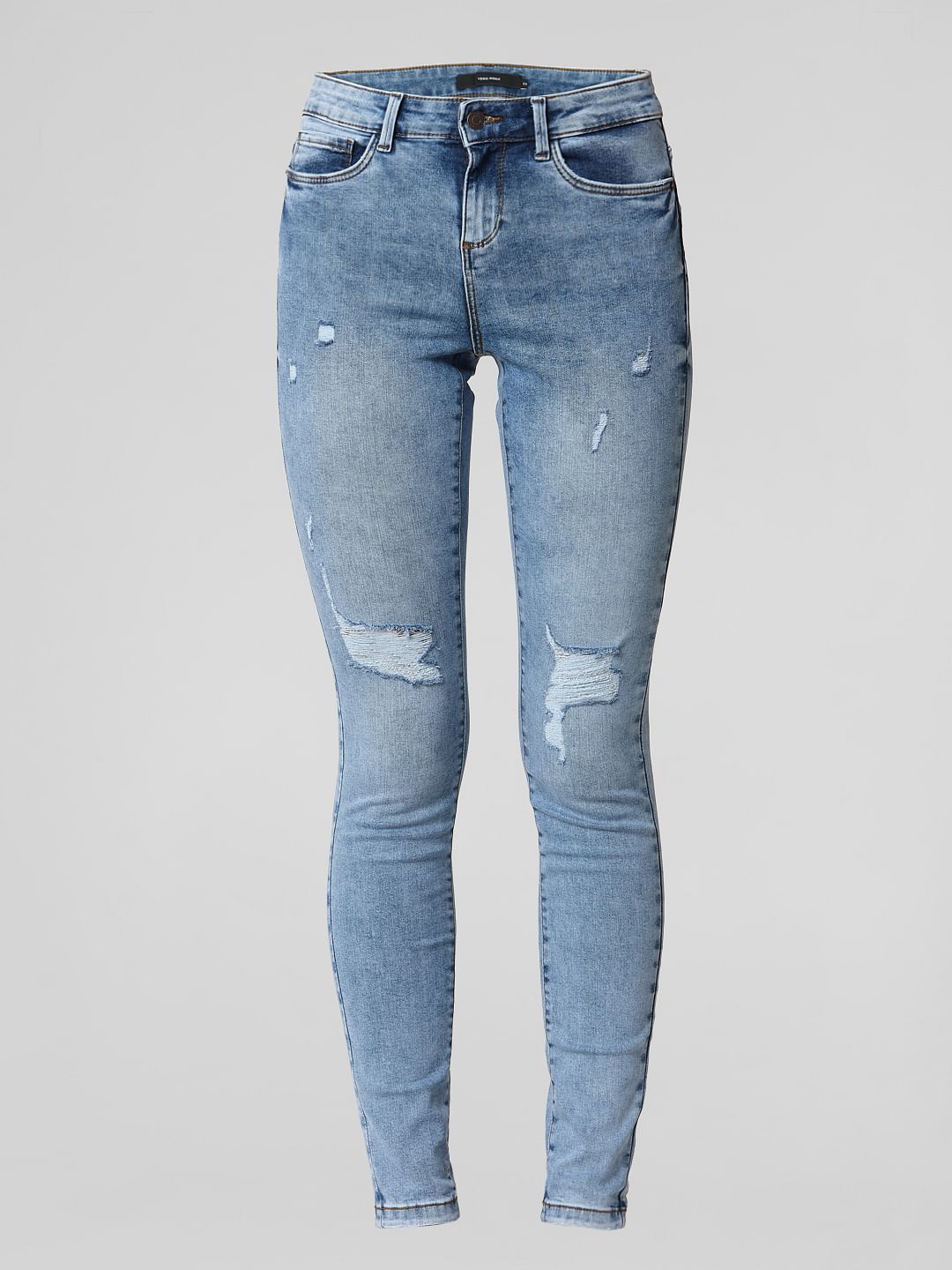 Blue Mid Rise Ripped Skinny Jeans