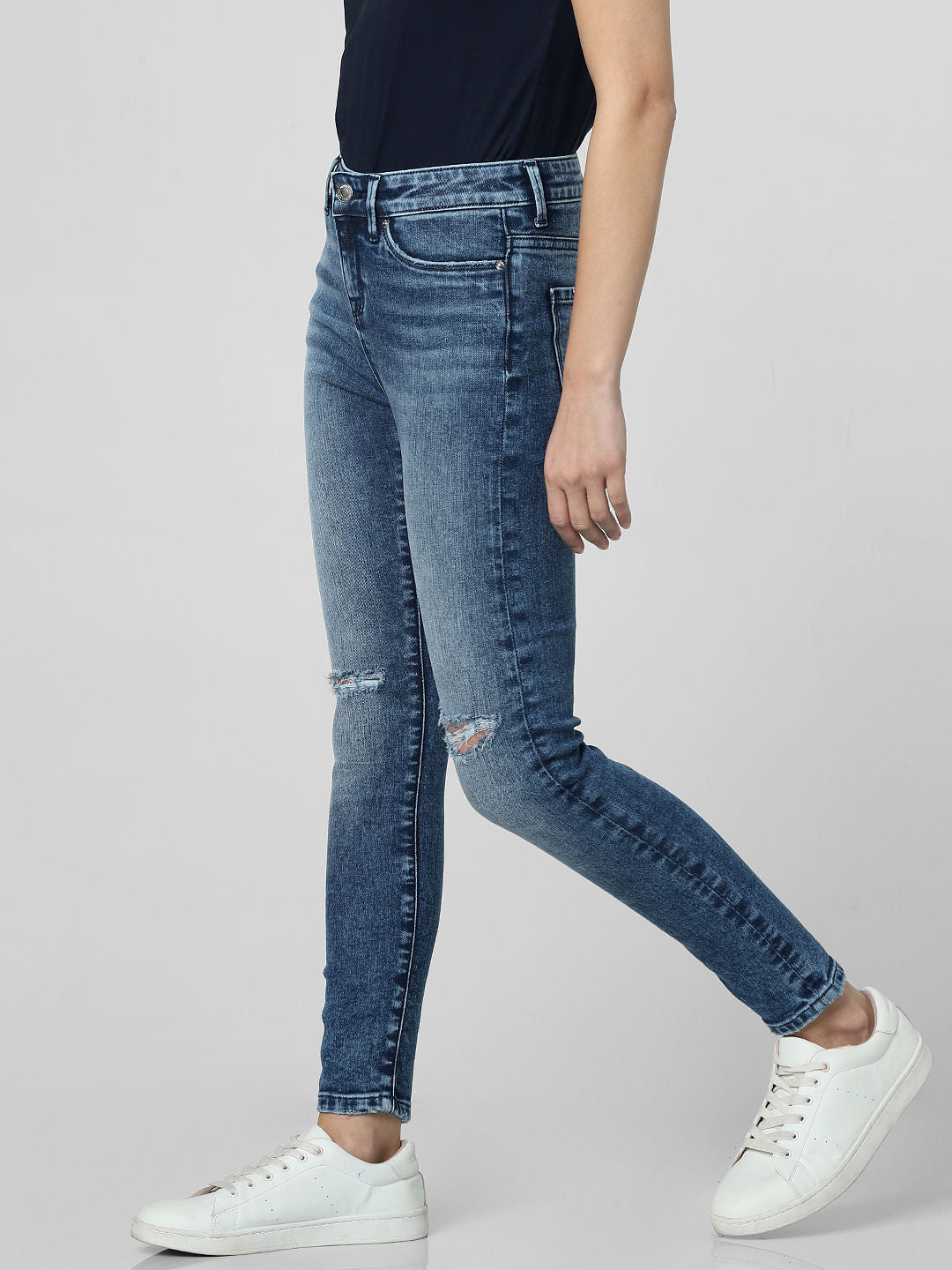 Blue Mid Rise Knee Ripped Skinny Fit Jeans