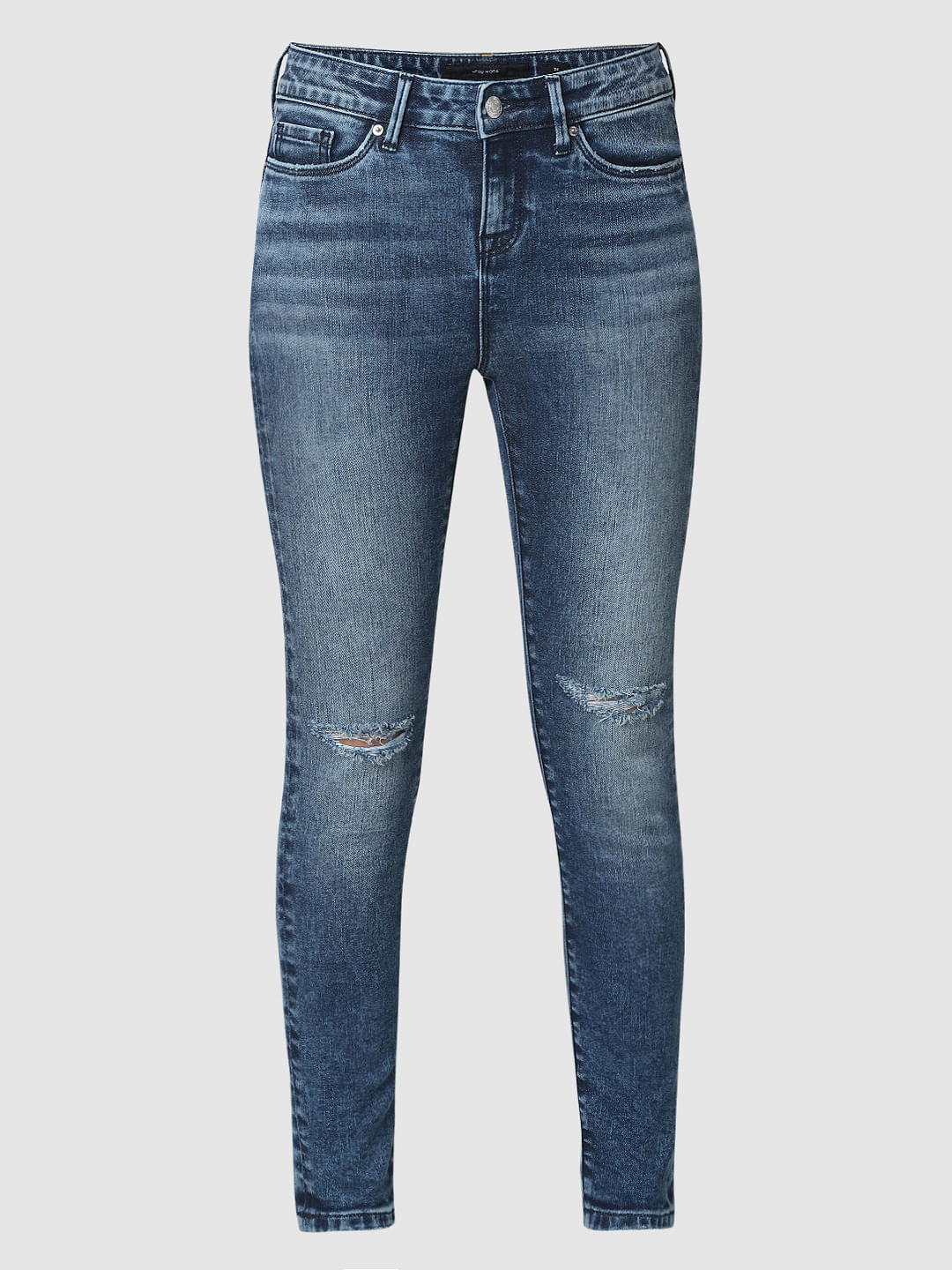 Blue Mid Rise Knee Ripped Skinny Fit Jeans