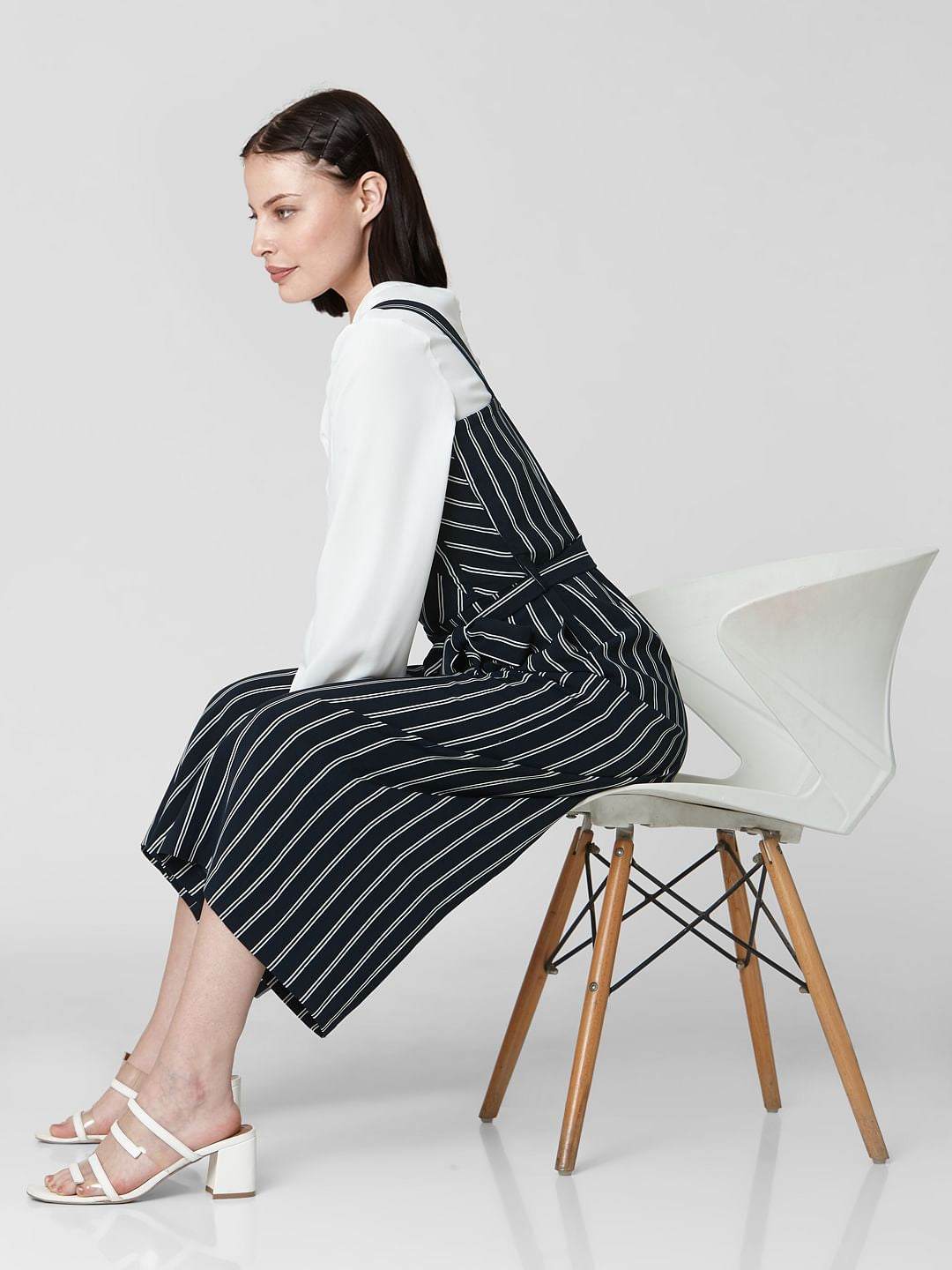 Navy Blue Striped Belted Jumpsuit