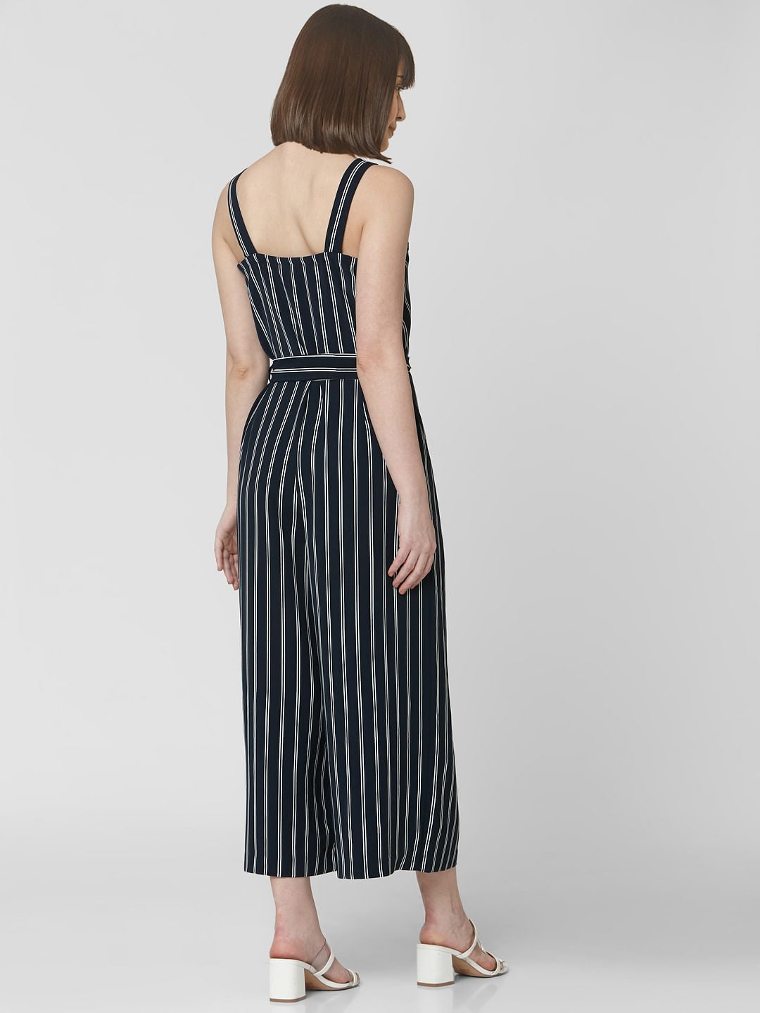 Navy Blue Striped Belted Jumpsuit