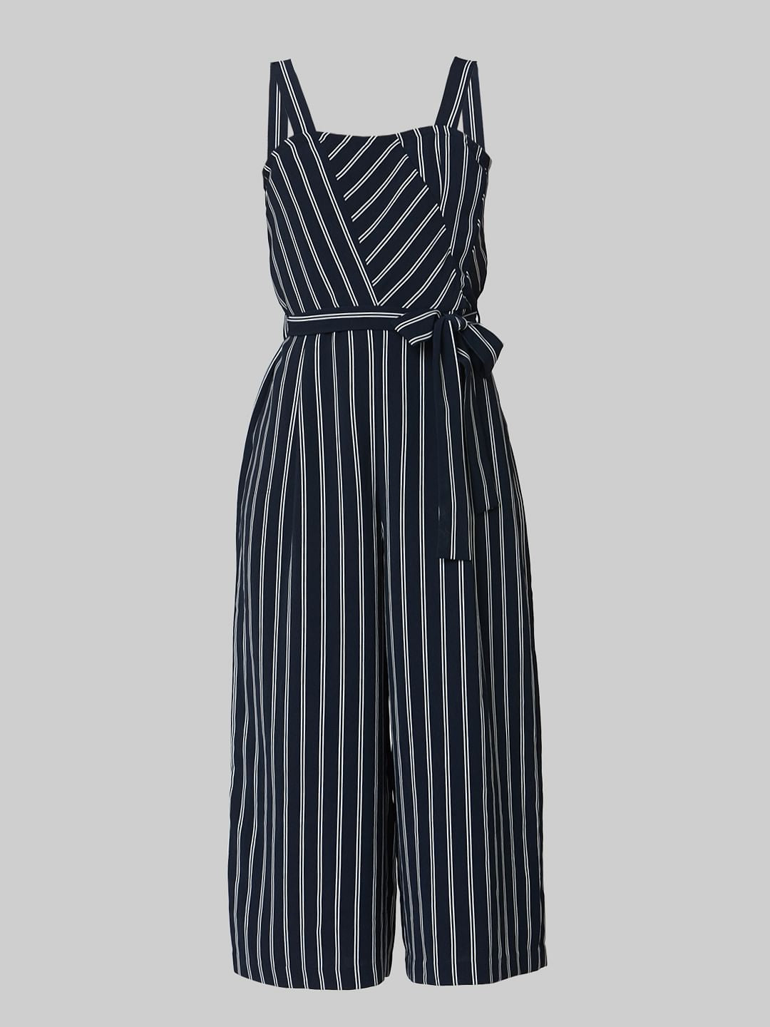 Navy Blue Striped Belted Jumpsuit