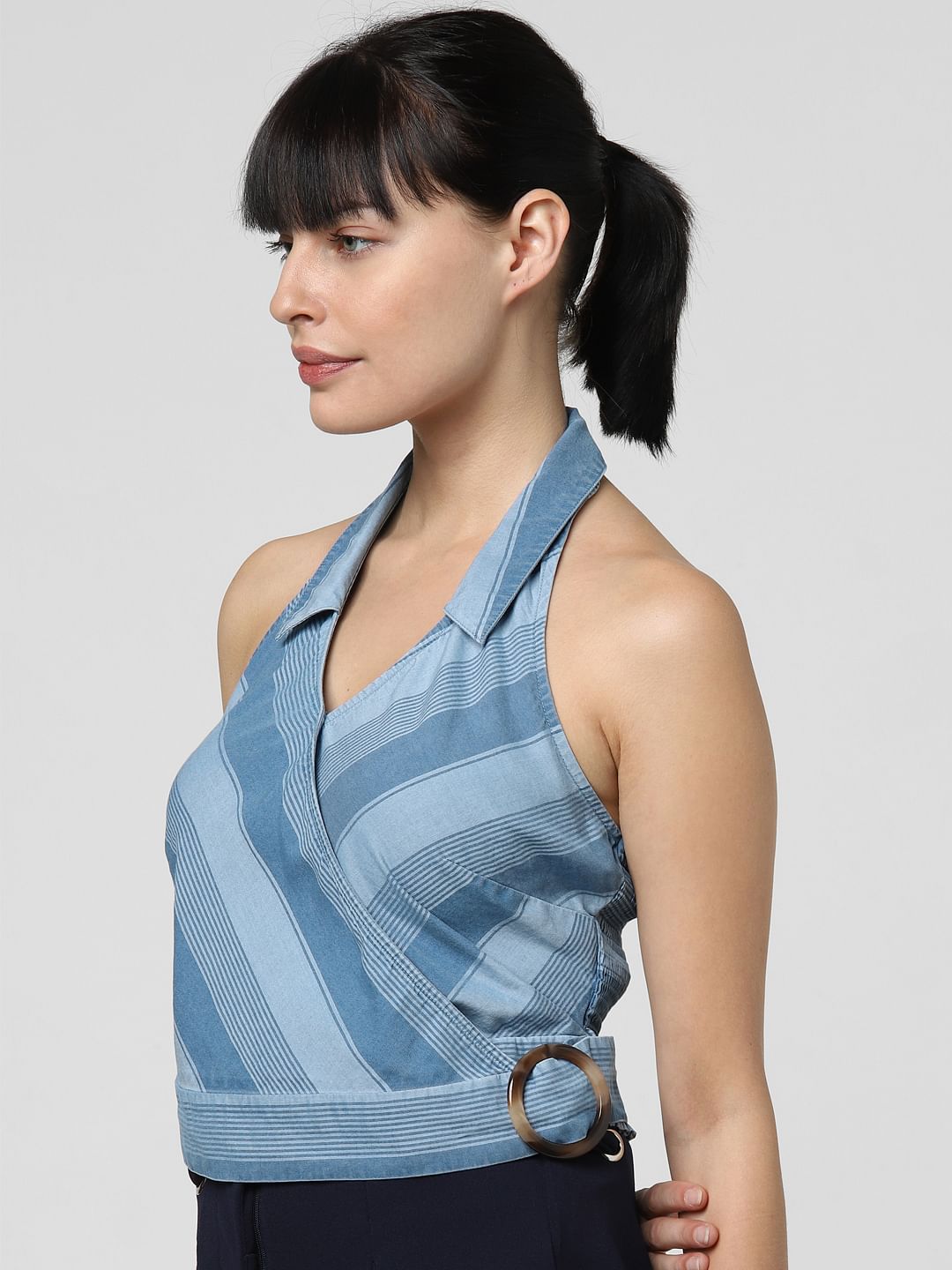 Blue Halter Neck Denim Top