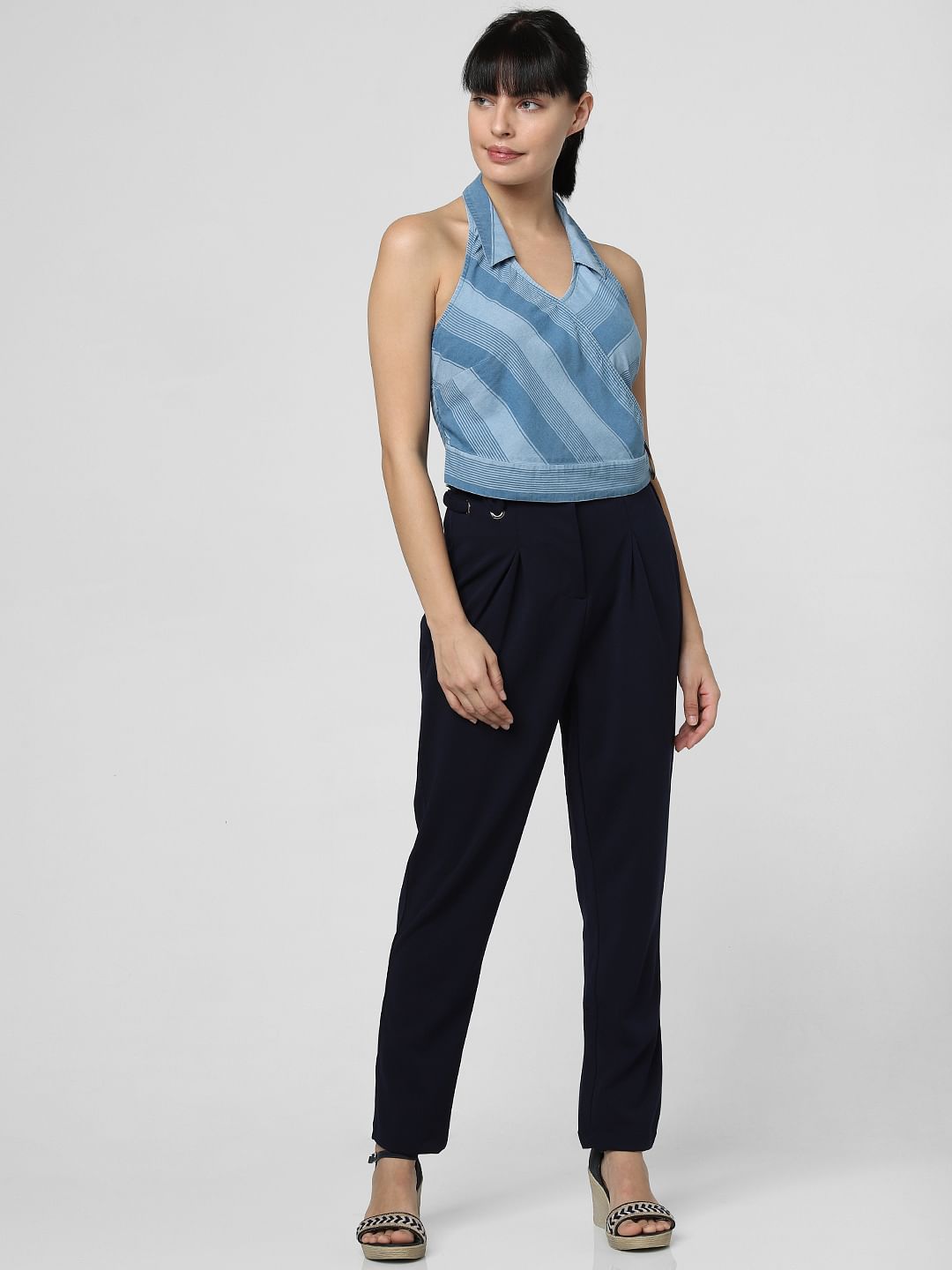 Blue Halter Neck Denim Top