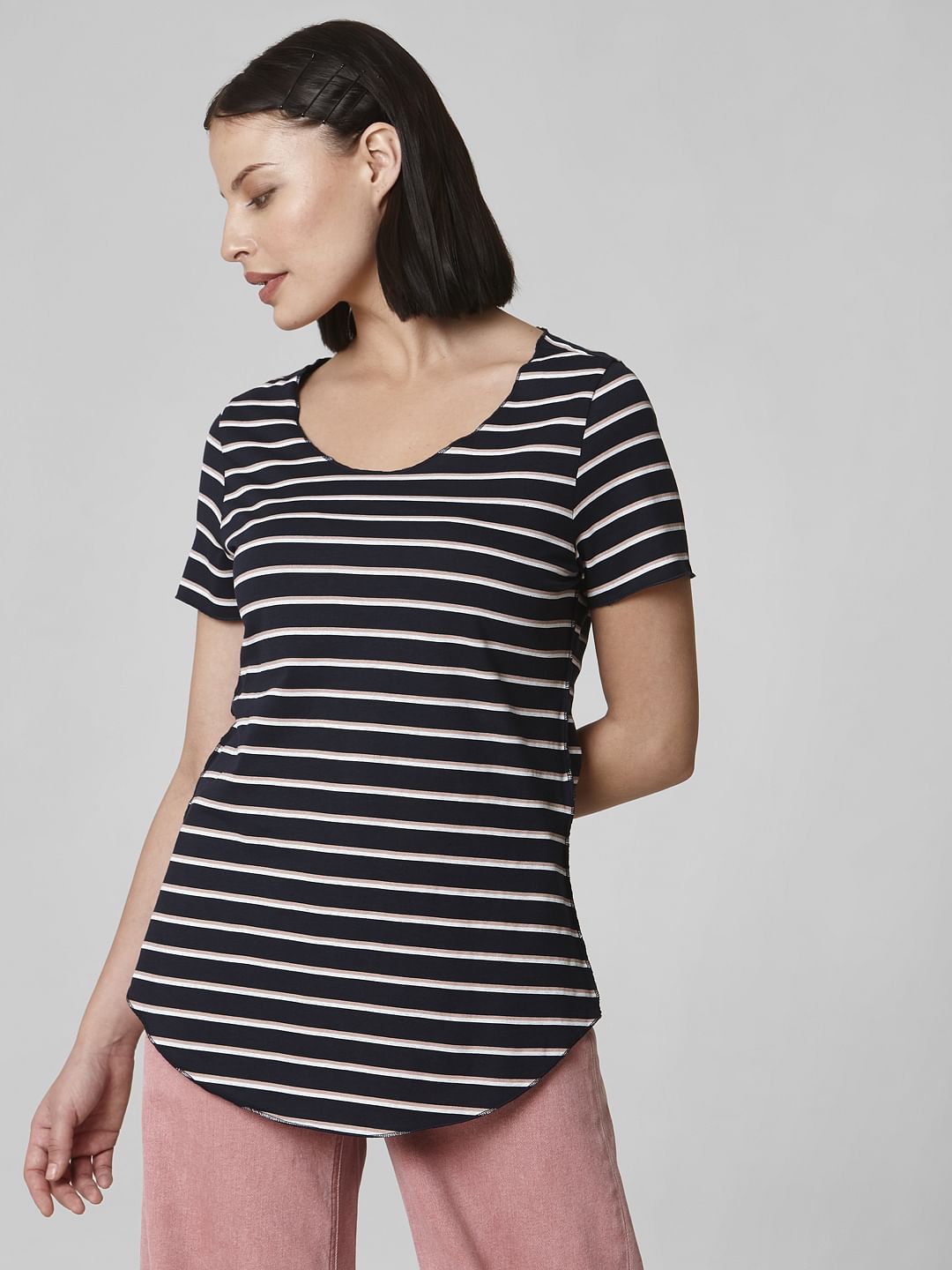 Blue Curved Hem Striped T-Shirt
