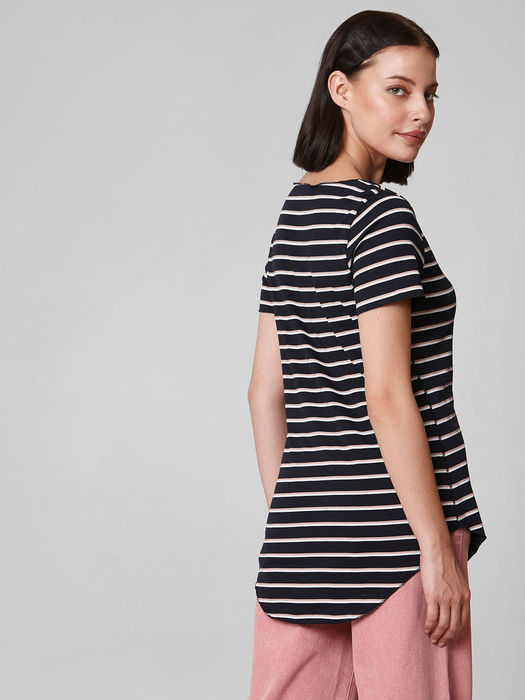 Blue Curved Hem Striped T-Shirt