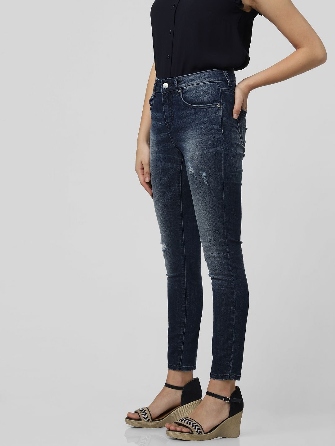 Blue Mid Rise Distressed Skinny Jeans