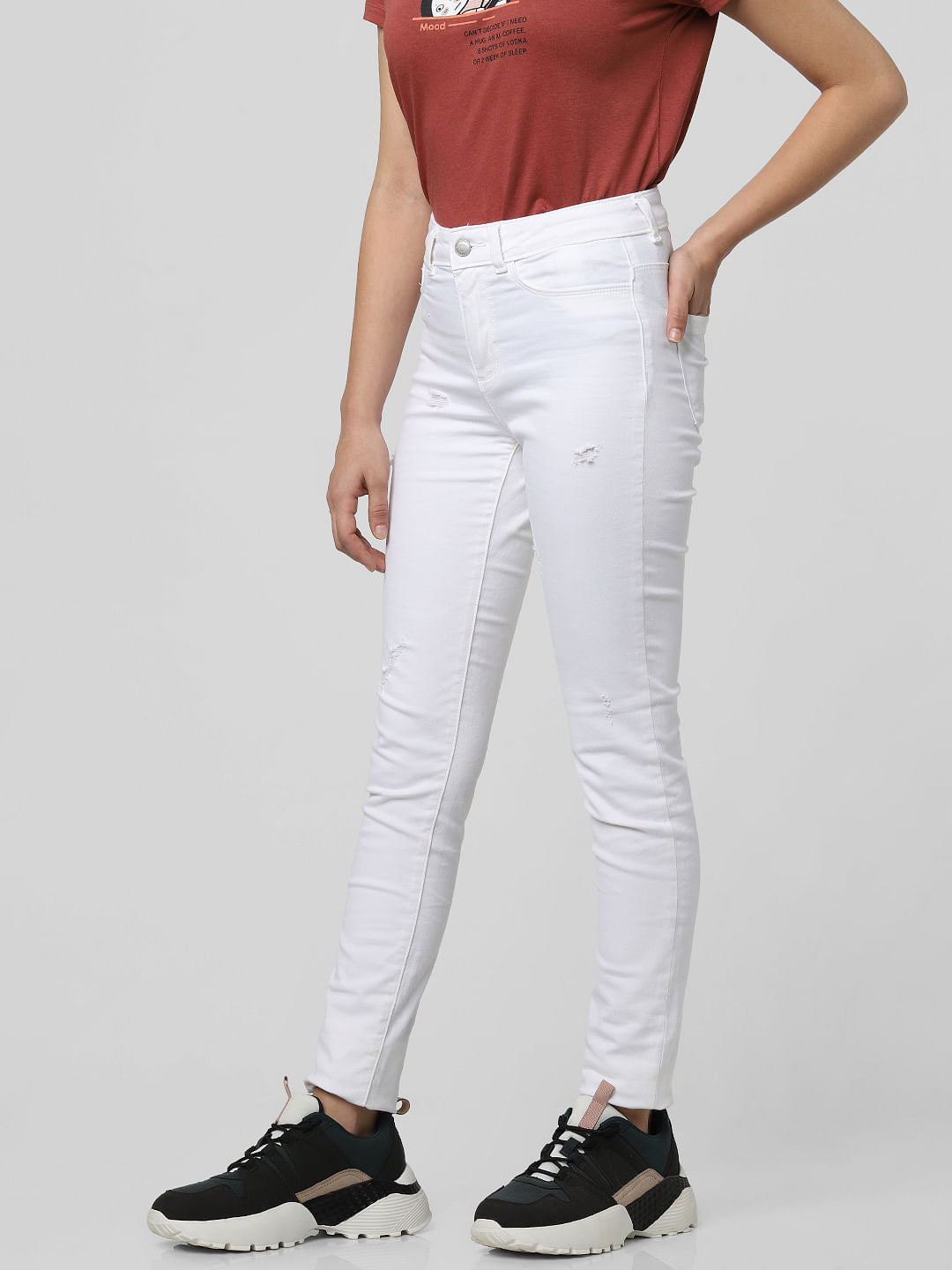 White Mid Rise Distressed Skinny Jeans