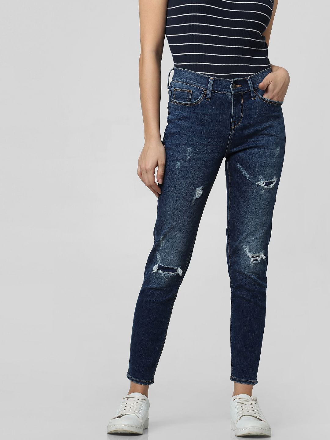 Blue Mid Rise Ripped Skinny Fit Jeans