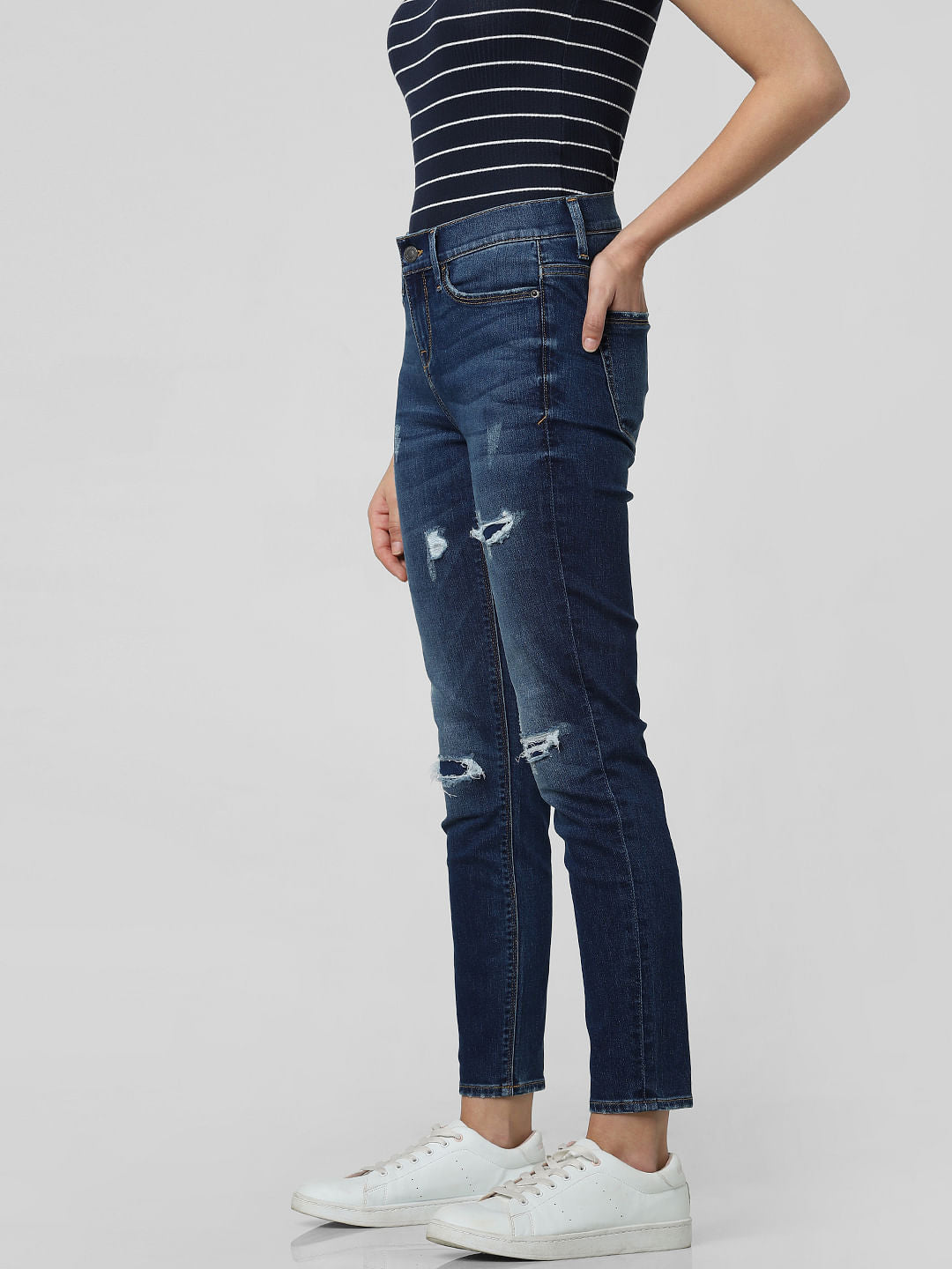 Blue Mid Rise Ripped Skinny Fit Jeans
