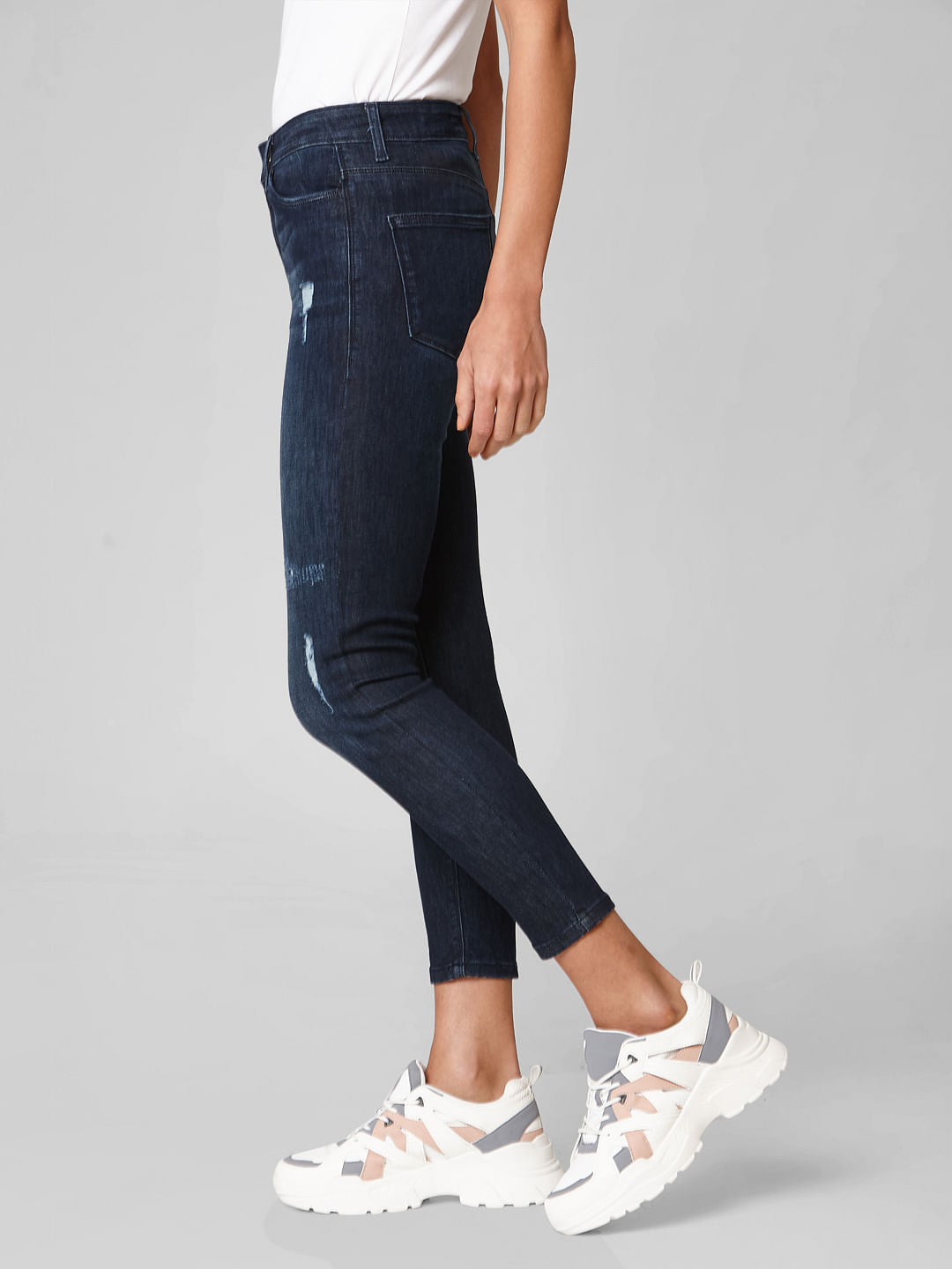 Blue Mid Rise Distressed Skinny Jeans