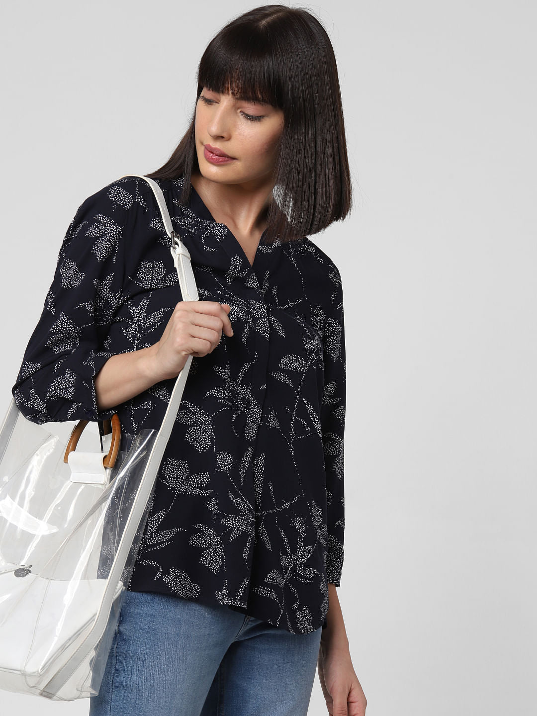 Navy Blue All Over Floral Print Top