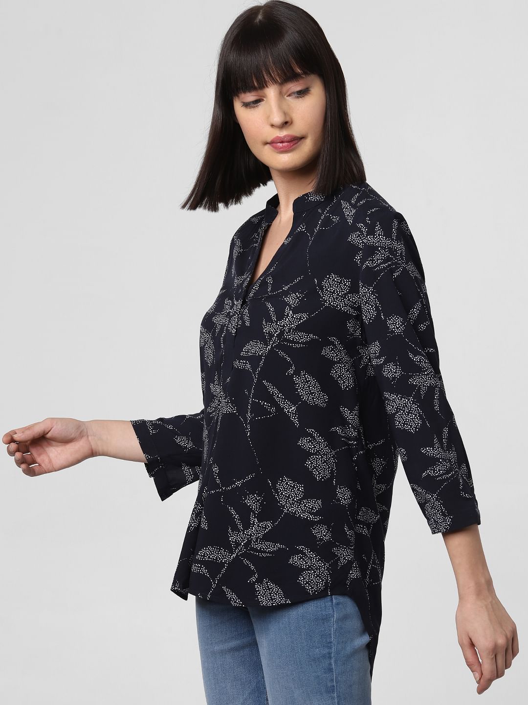 Navy Blue All Over Floral Print Top