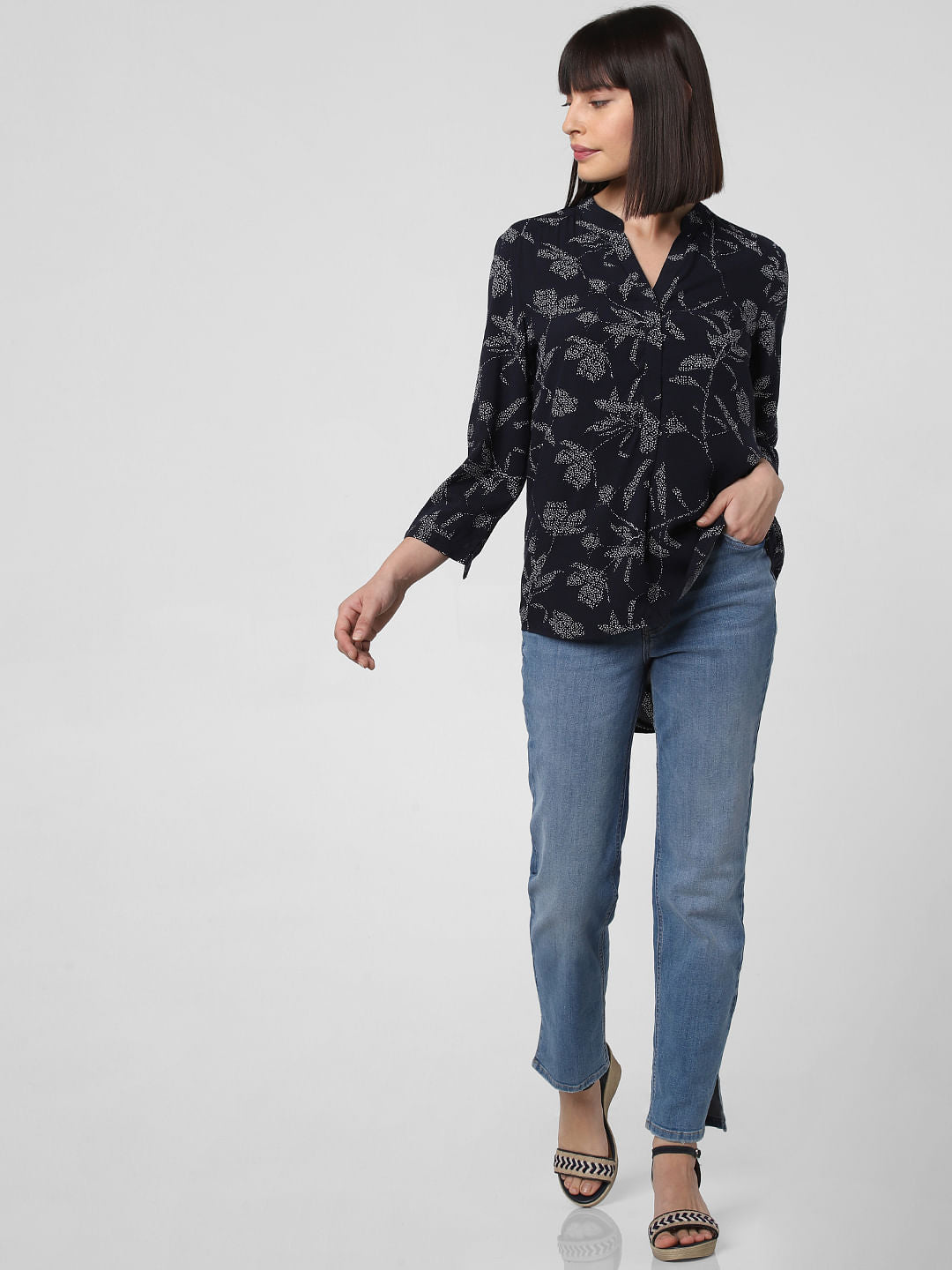 Navy Blue All Over Floral Print Top
