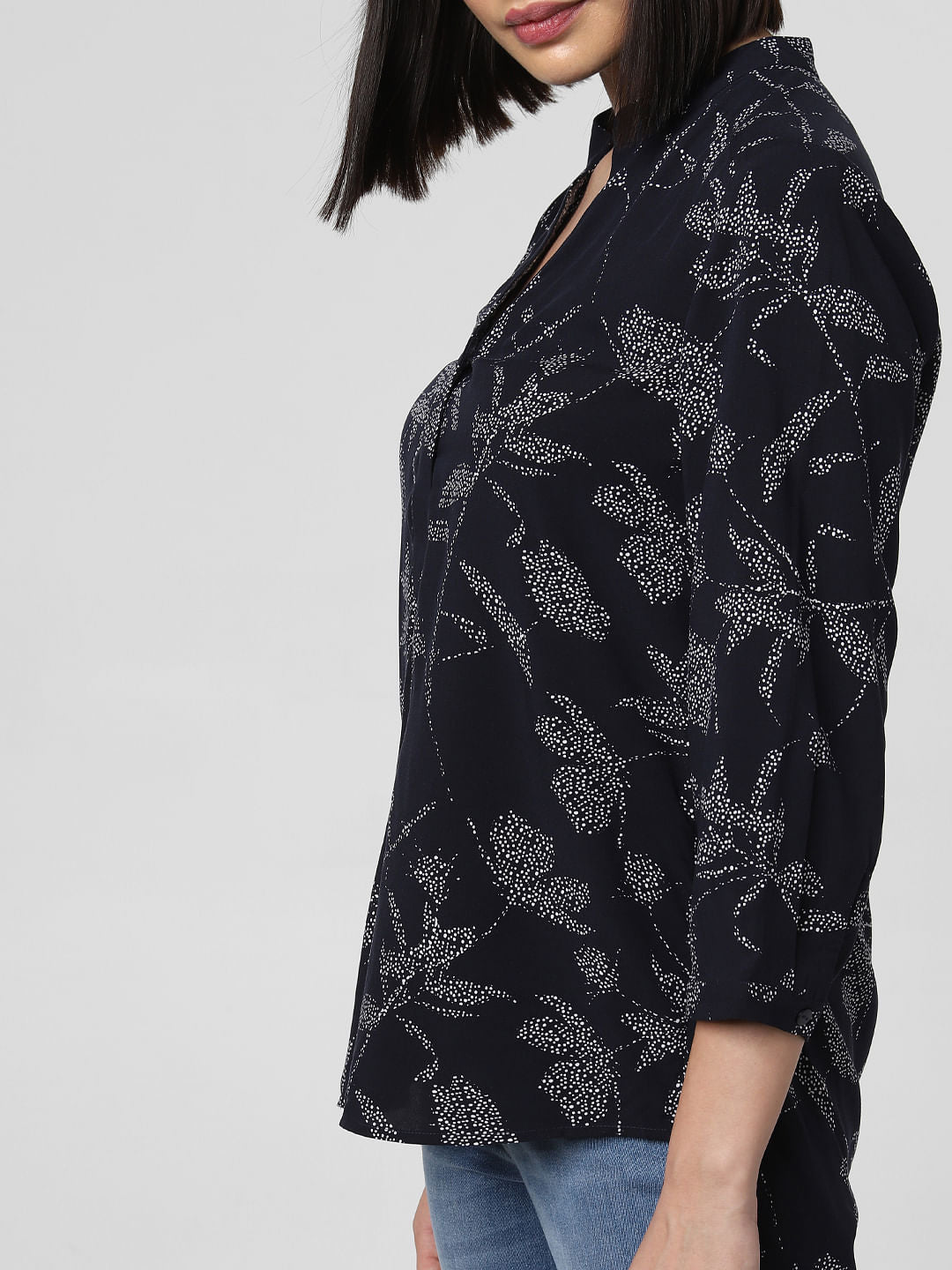 Navy Blue All Over Floral Print Top