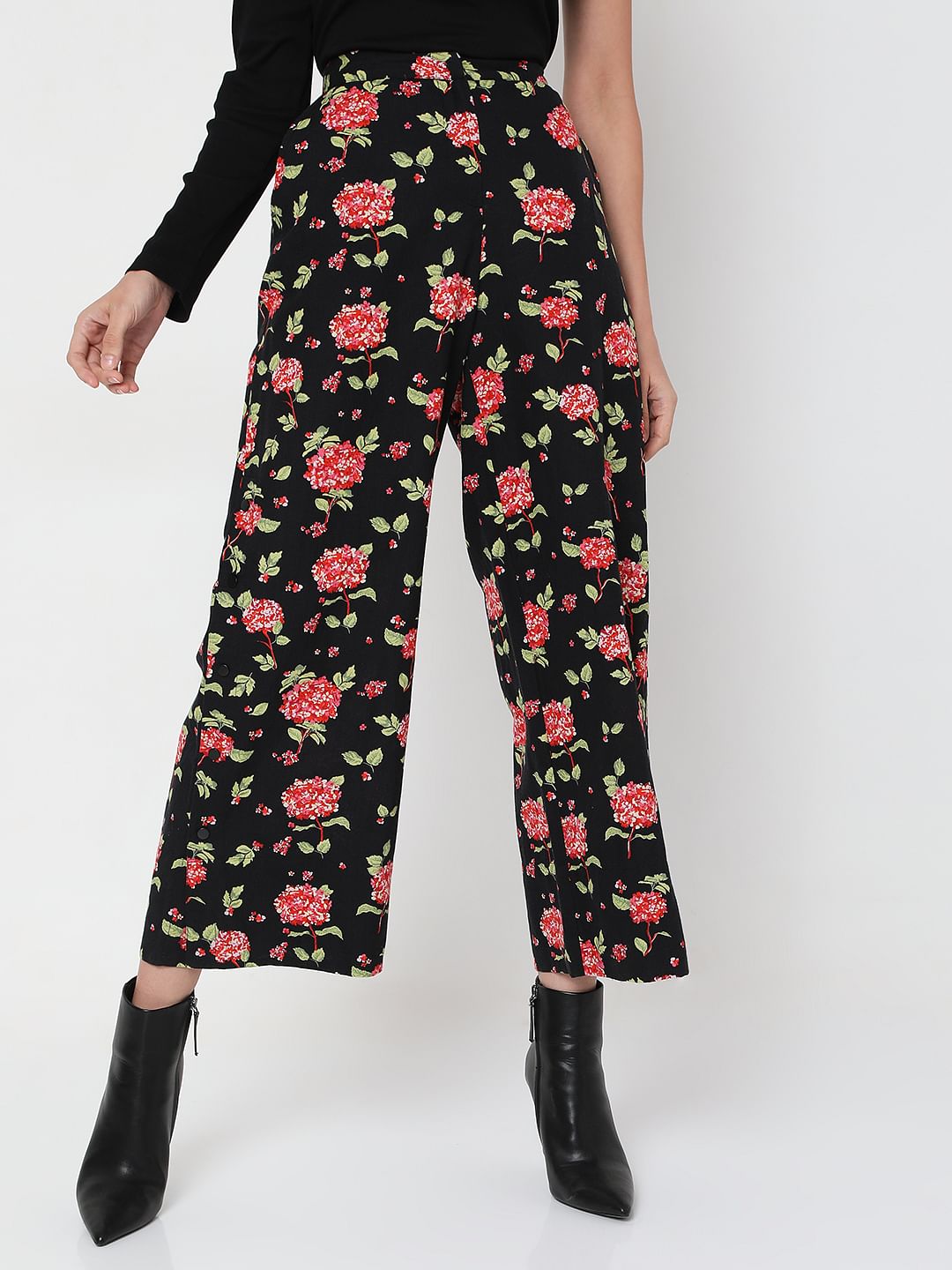 Black High Rise Floral Print Pants