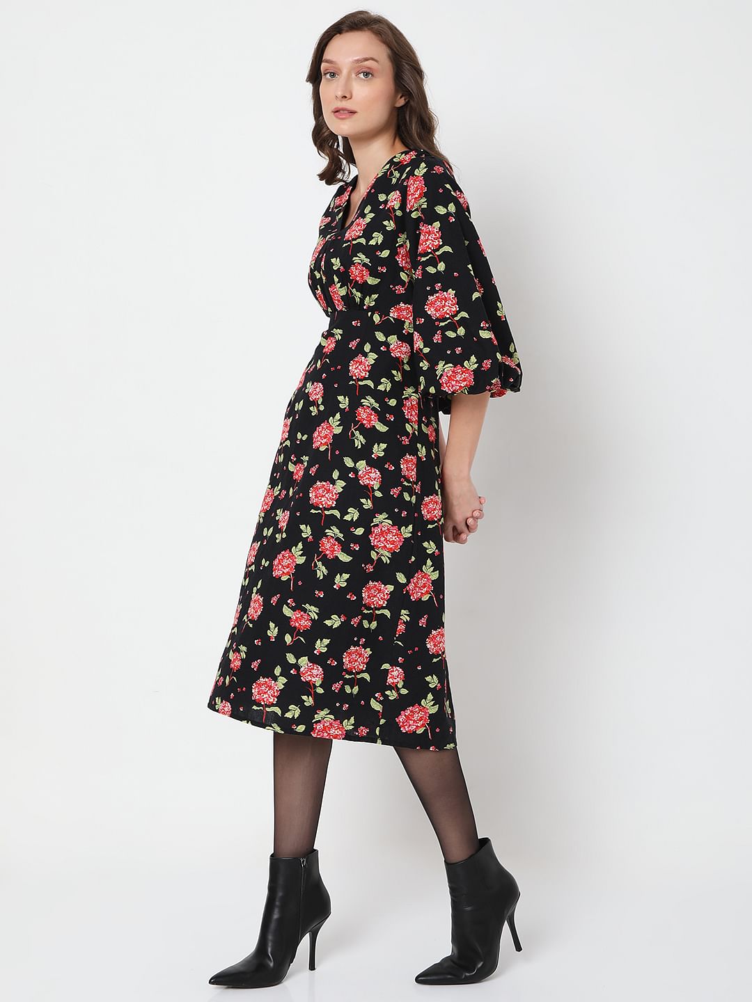 Black Floral Print Midi Dress