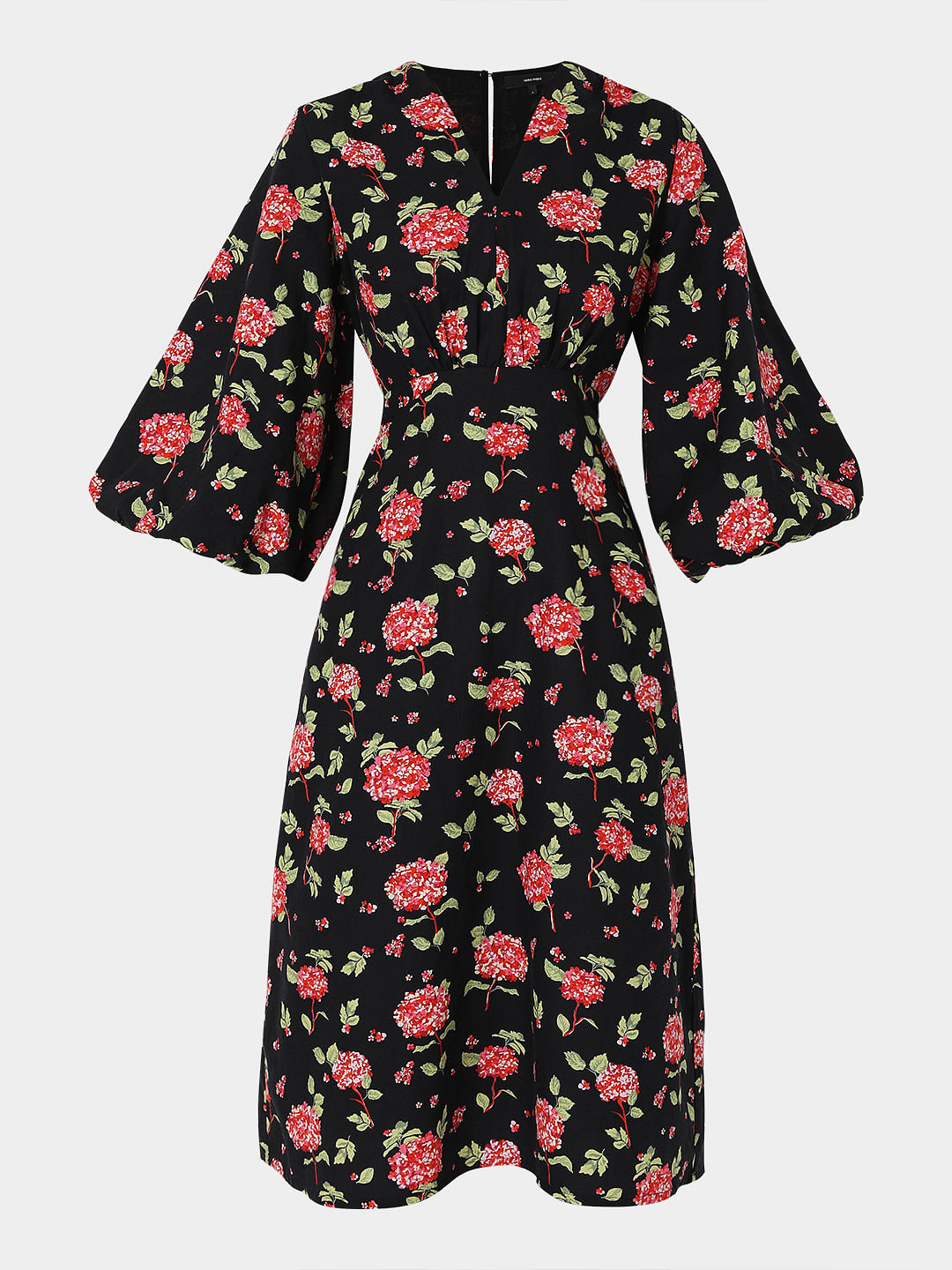 Black Floral Print Midi Dress