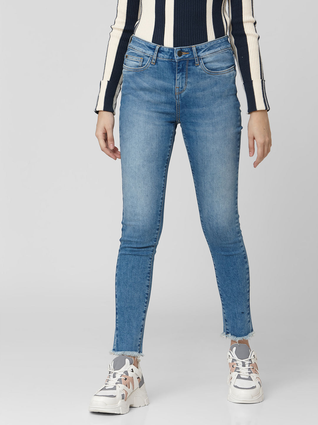 Blue Mid Rise Frayed Hem Skinny Fit Jeans