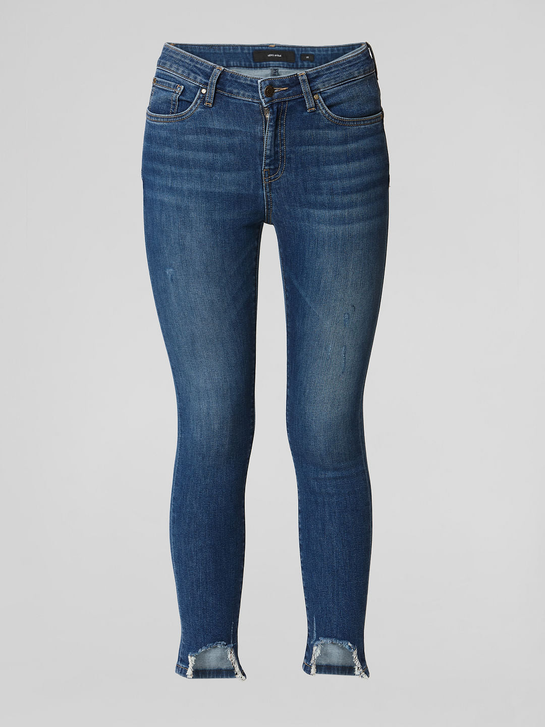 Blue Mid Rise Distressed Hem Skinny Jeans