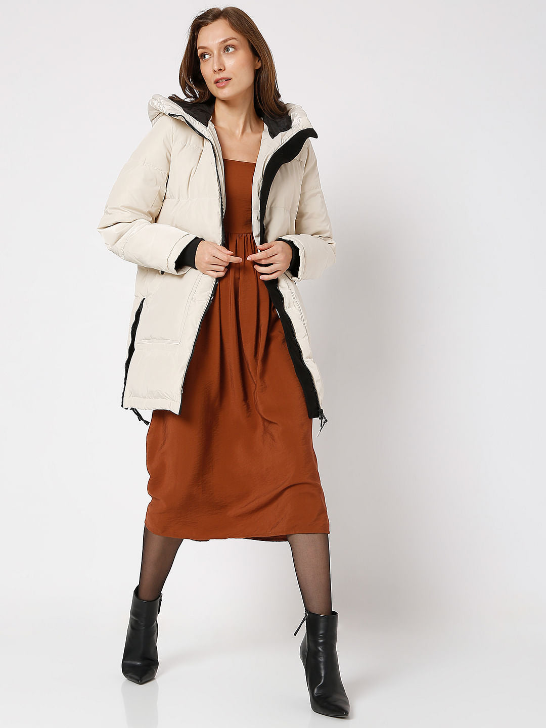 Beige Hooded Puffer Jacket