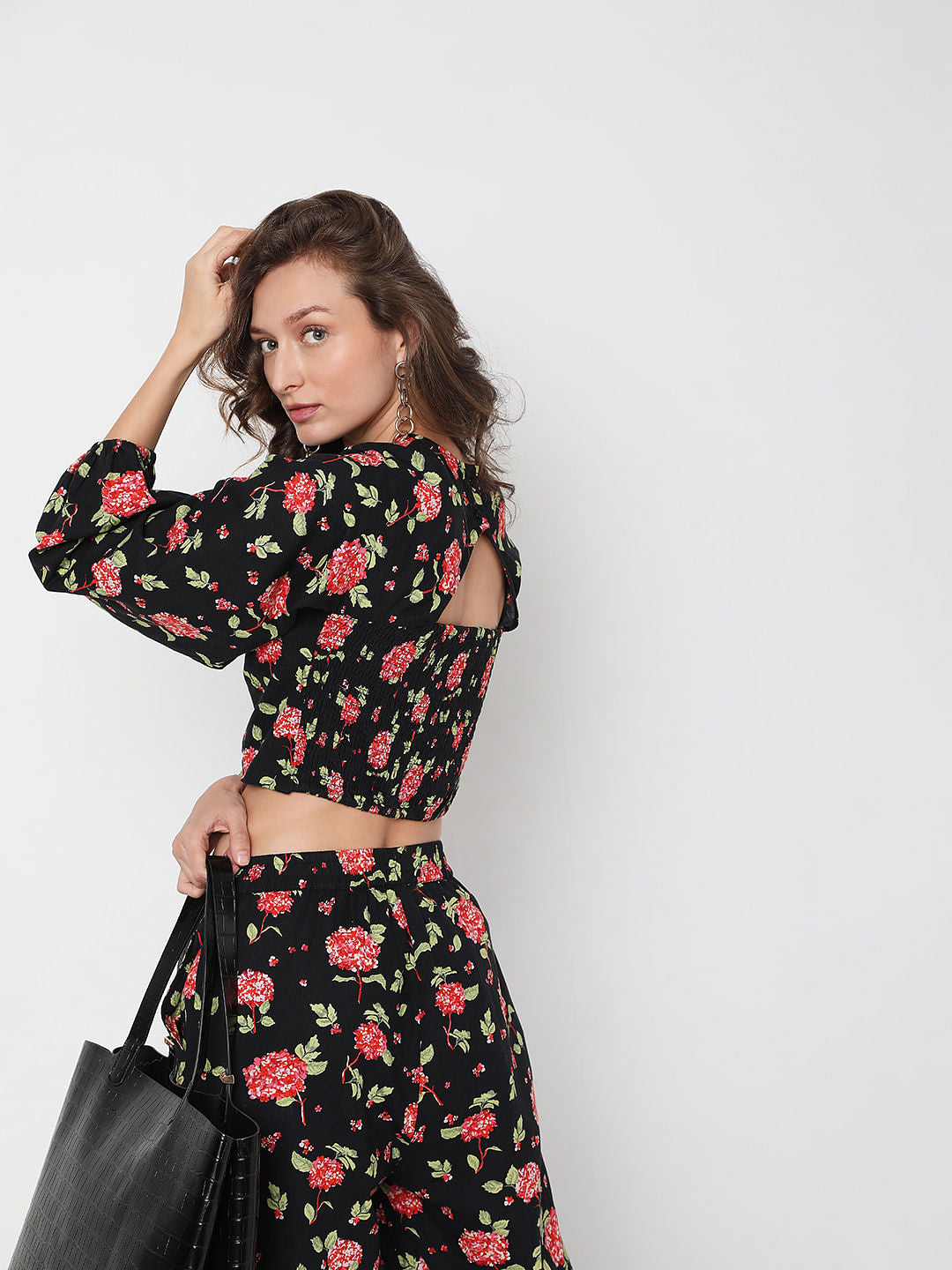 Black Floral Print Co-Ord Top