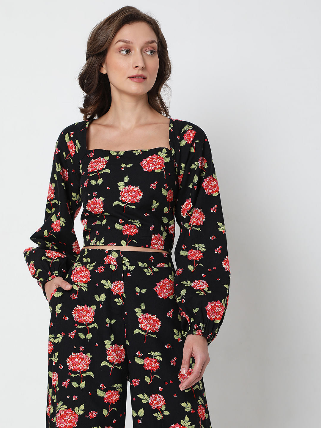 Black Floral Print Co-Ord Top