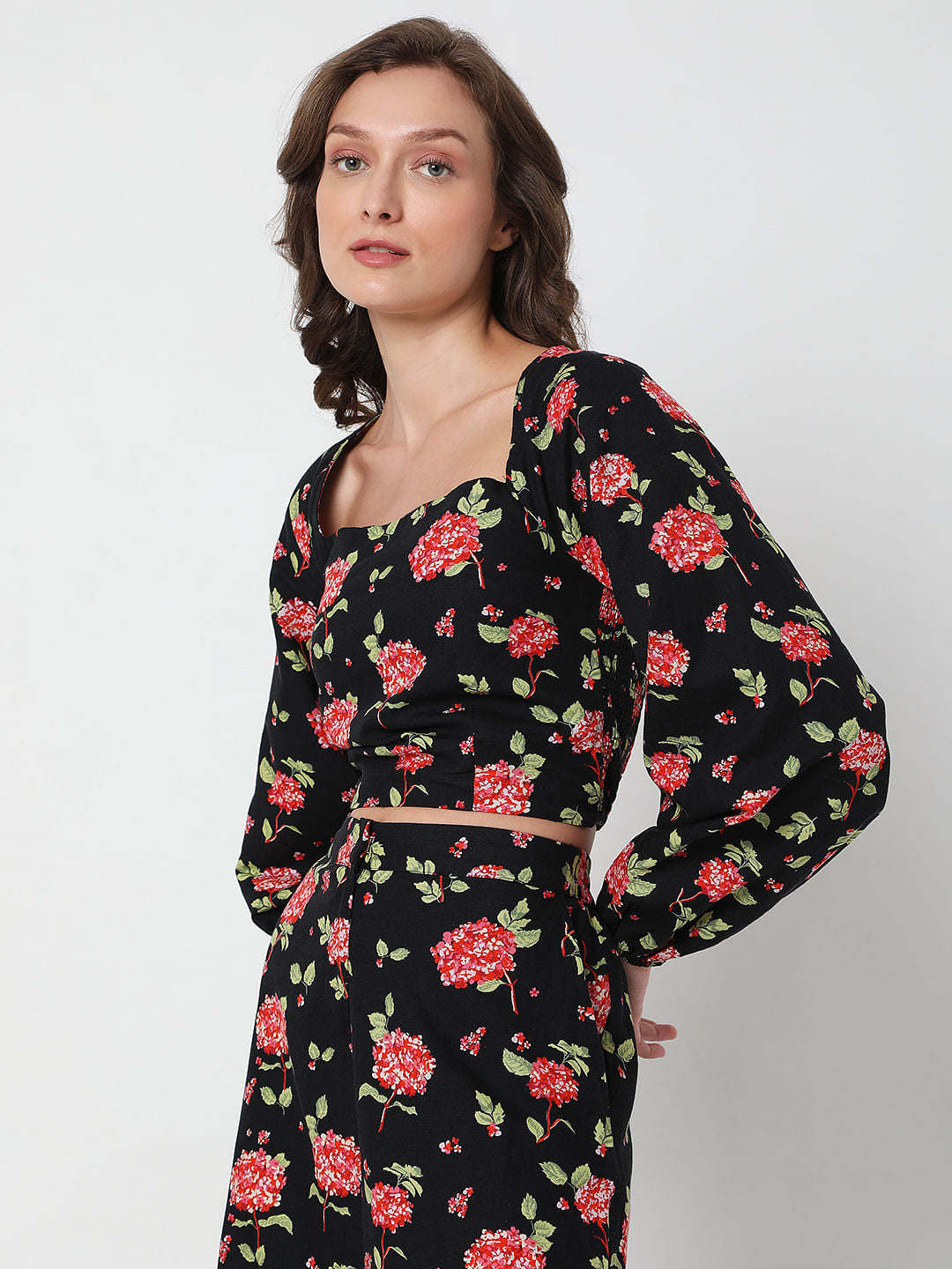 Black Floral Print Co-Ord Top