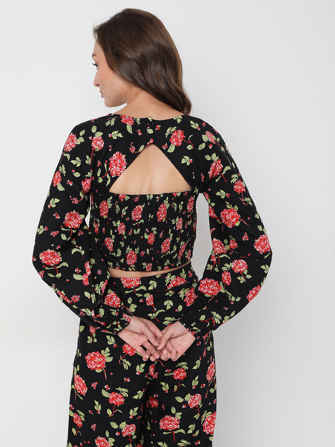 Black Floral Print Co-Ord Top