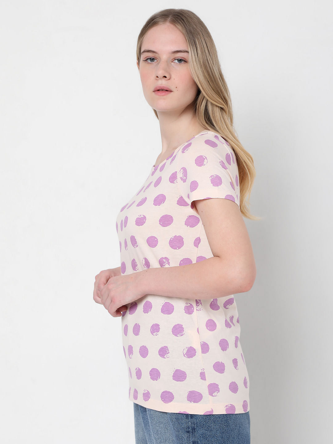 Beige & Purple Dotted T-Shirt