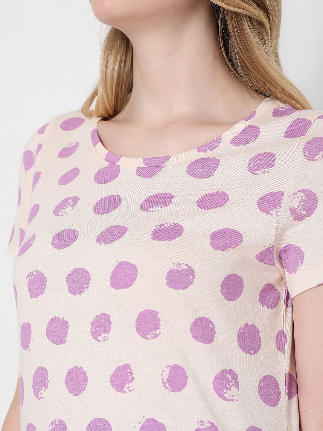 Beige & Purple Dotted T-Shirt