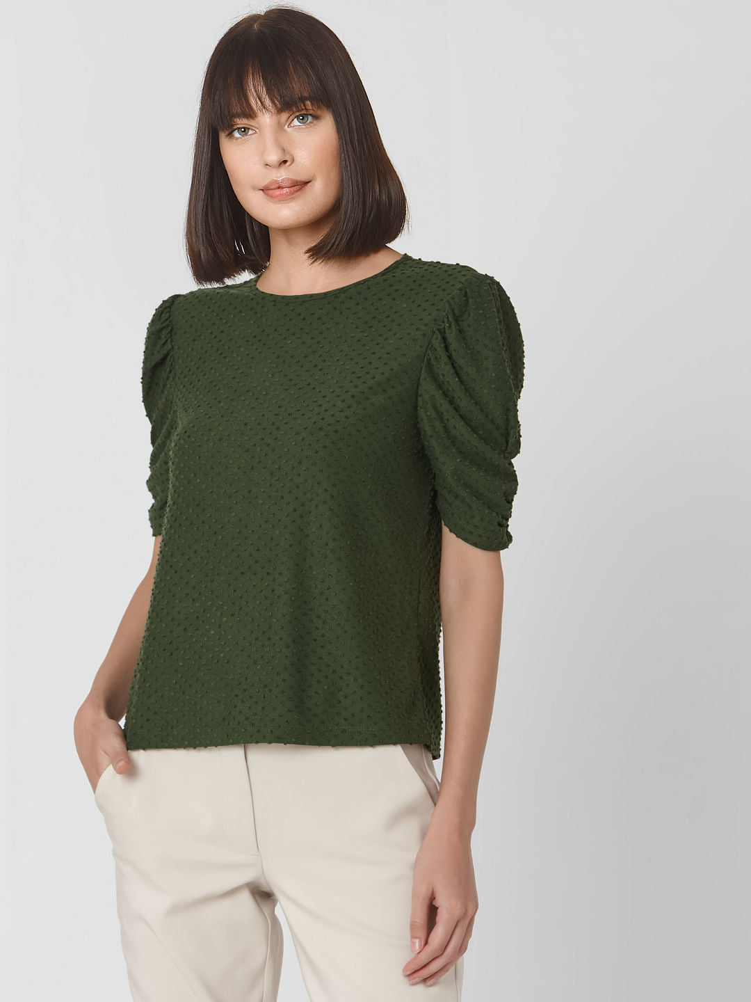 Dark Green Textured Polka Dot Top