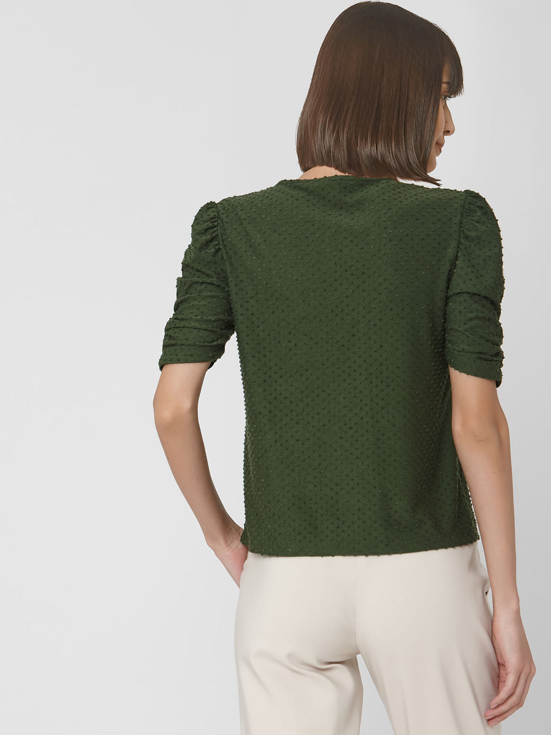 Dark Green Textured Polka Dot Top