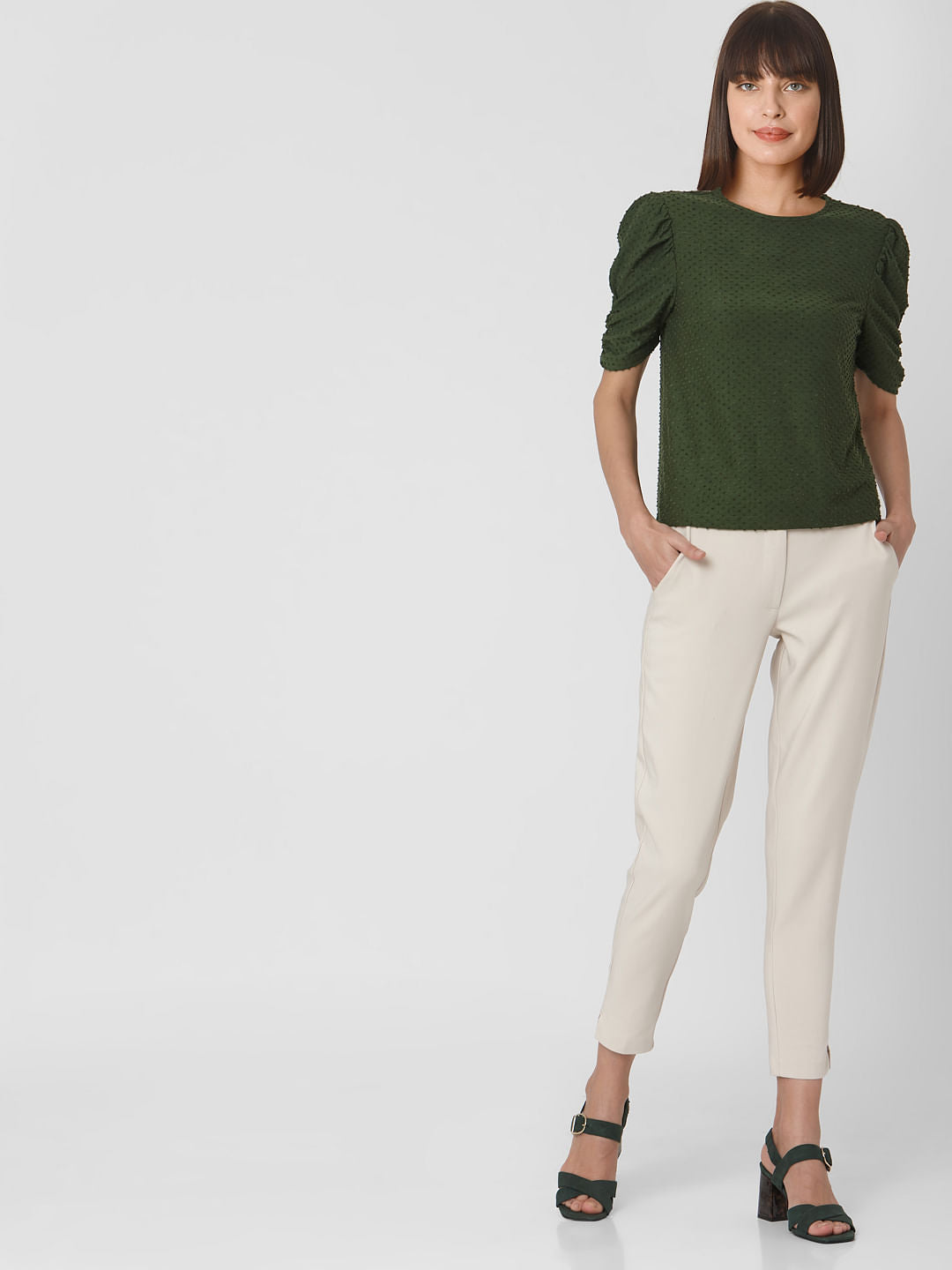 Dark Green Textured Polka Dot Top