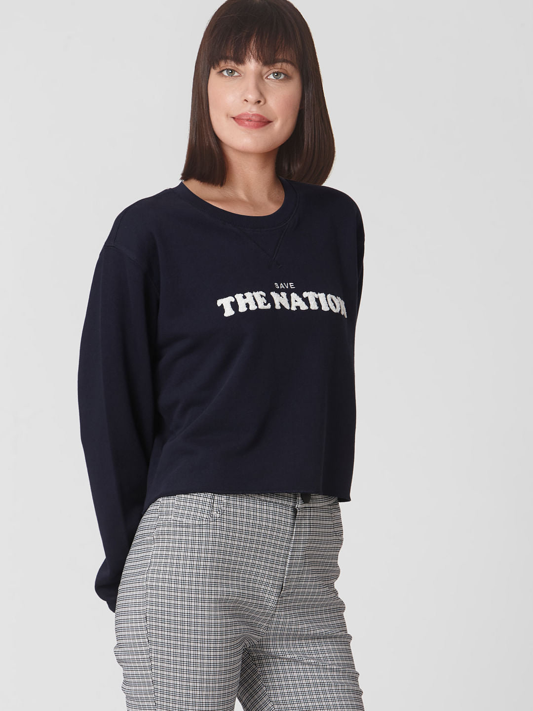 Blue Text Print Cropped Sweatshirt