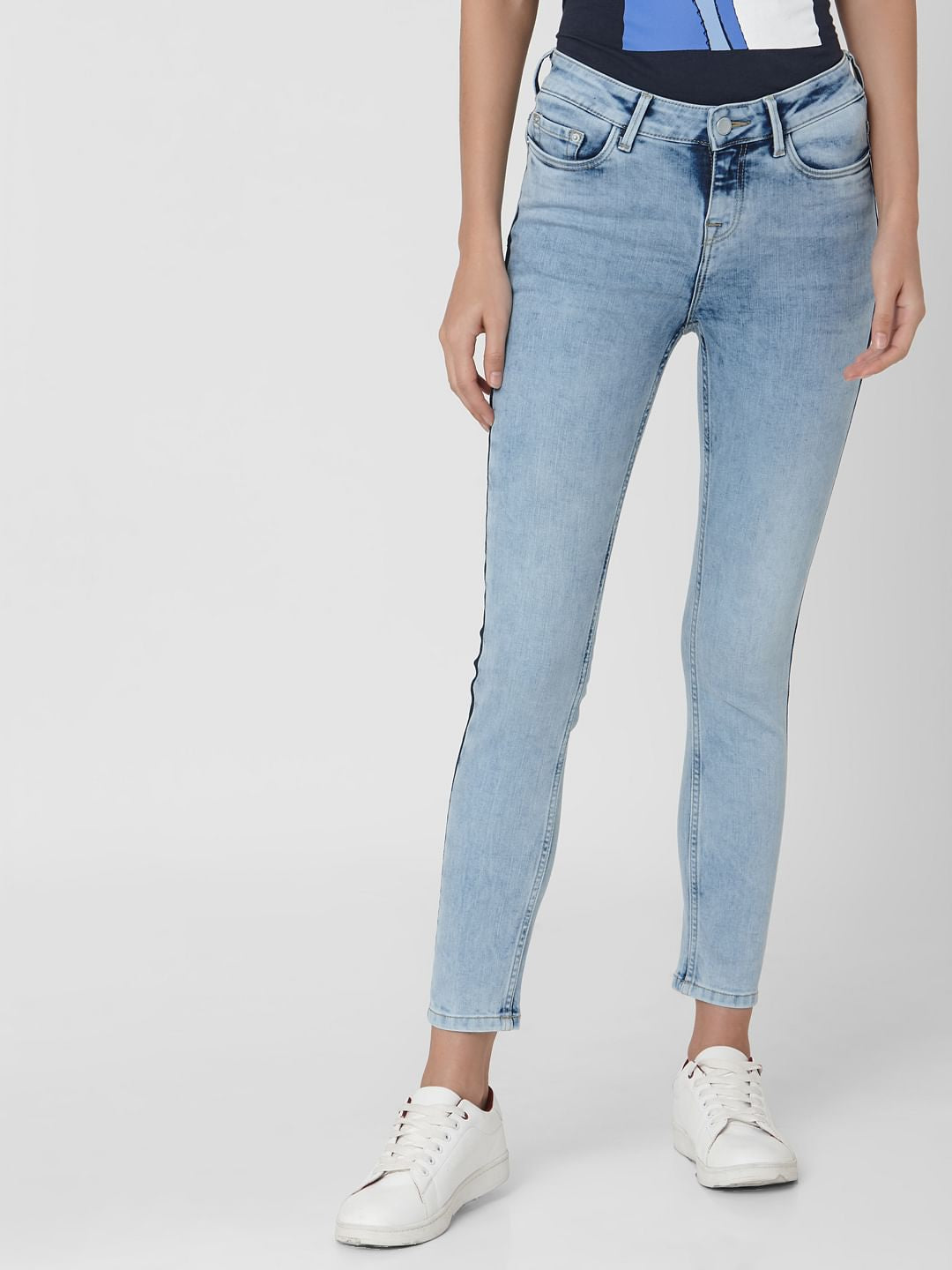 Light Blue Mid Rise Side Wash Detail Skinny Jeans