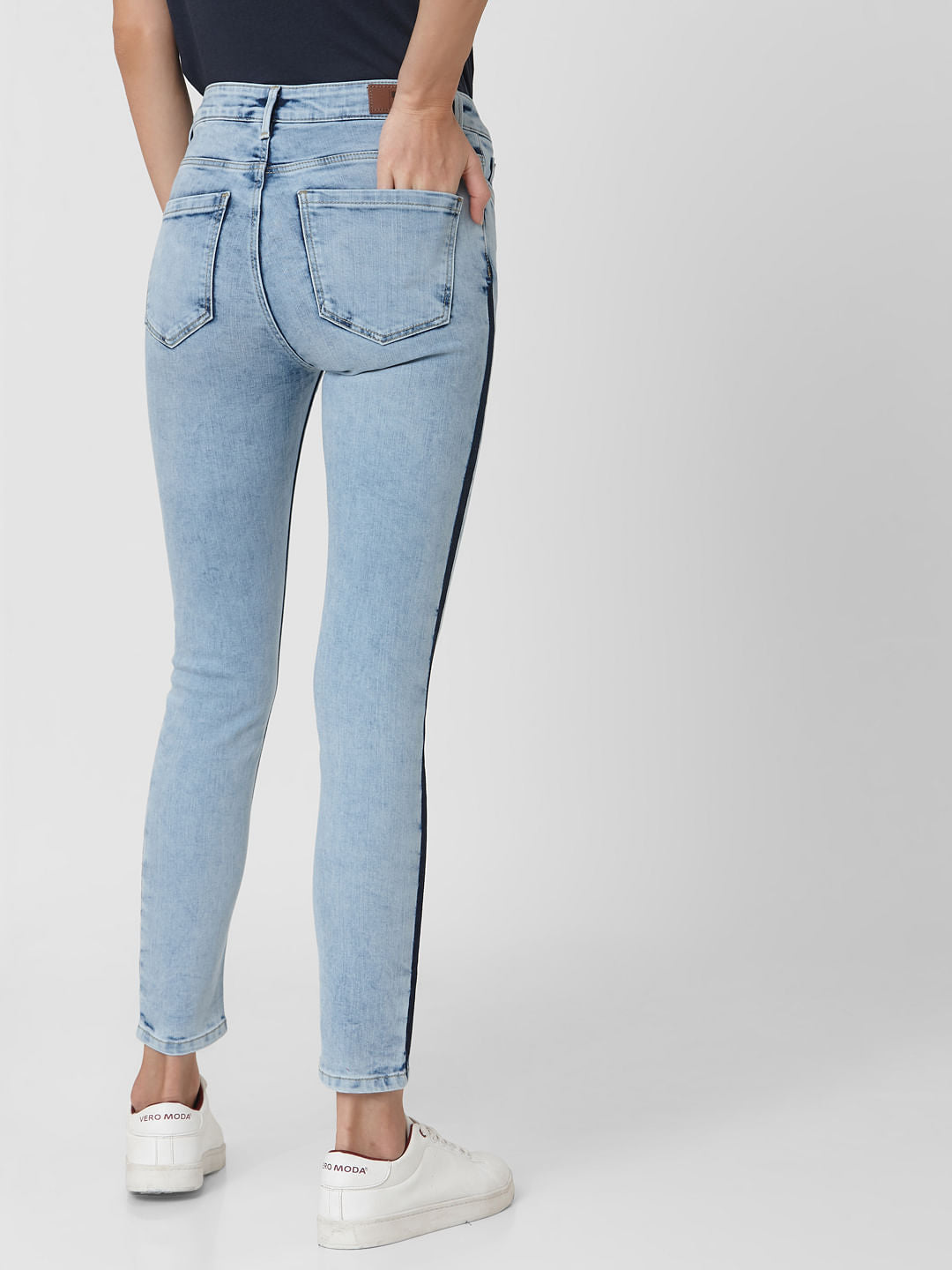 Light Blue Mid Rise Side Wash Detail Skinny Jeans